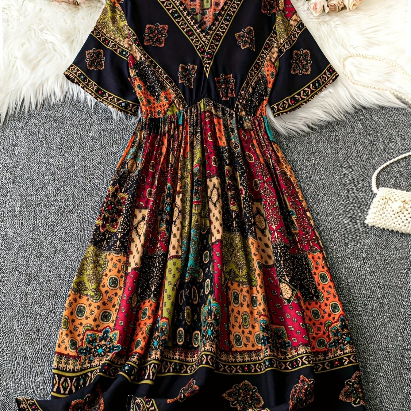 TEMU Plus Size - Plus Size - Plus Size Bohemian Casual Elegant Vacation Short-sleeve Waist-tied Dress