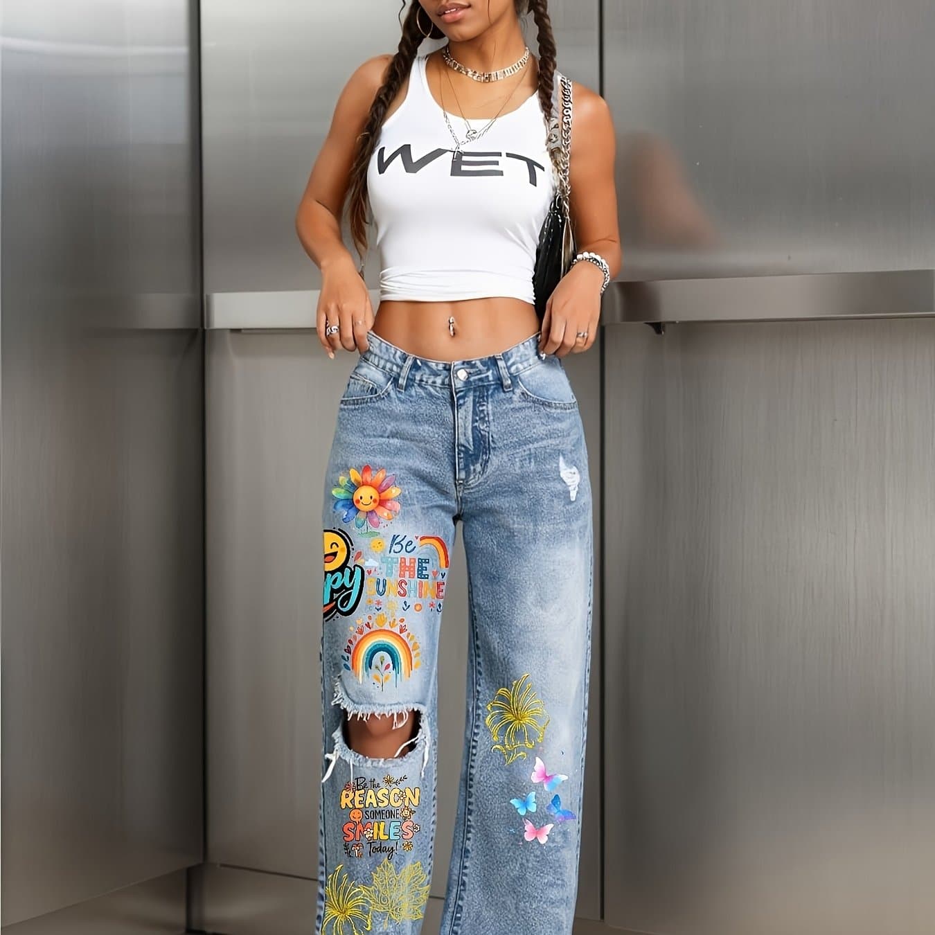 TEMU Women's Distressed Wide-leg Denim Jeans - Casual Style With Prints, Light Wash Women's Jeans For Daily Chic Sunflower