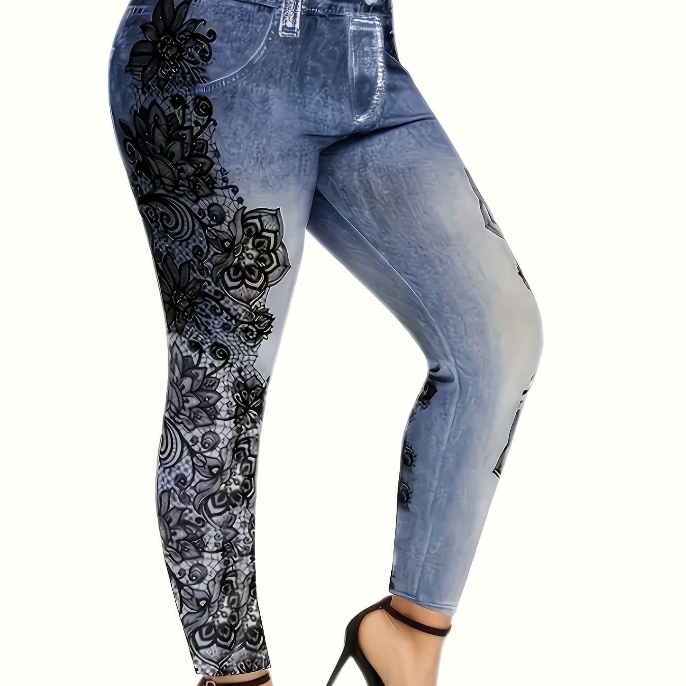 TEMU [printed Pants - Not Denim Fabric]plus Size - [printed Pants - Not Denim Fabric]plus Size - Women's Plus-size Stretchy Printed Pants Resembling Denim, Suitable For All As Leggings