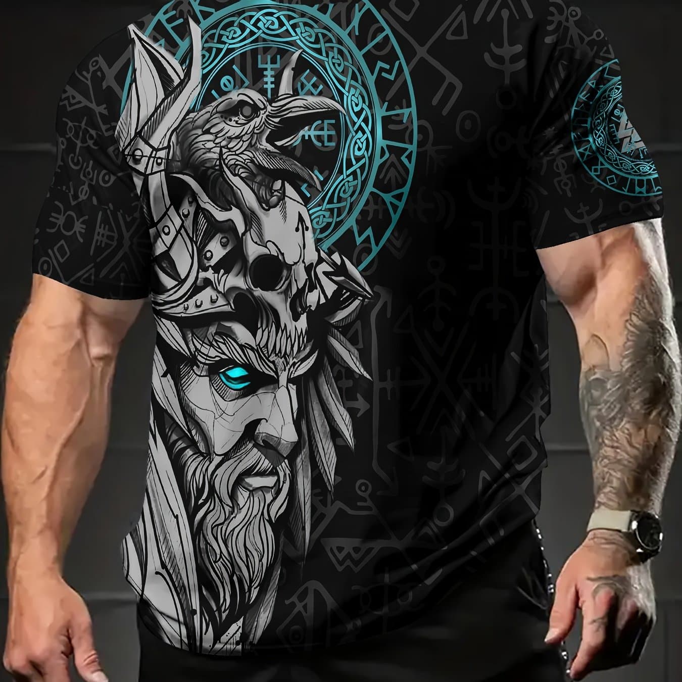 TEMU Men's Summer T-shirt , Casual Round Neck, Polyester Knit Fabric With Stretch, Regular Fit, Short Sleeve Pullover, Nordic Mythology Print, Suitable For Adult Men, Casual Weekend Wear, Plus Size