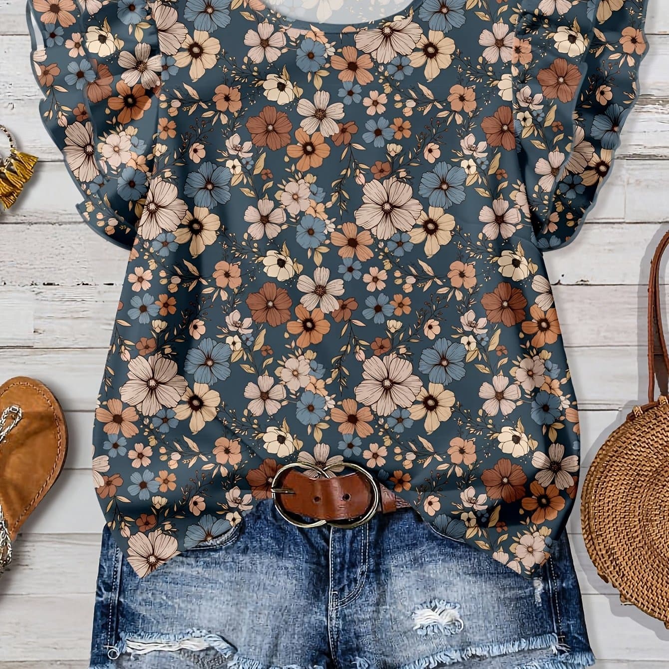 TEMU Elegant Women's Vintage Floral Print Round Neck Hem Blouse
