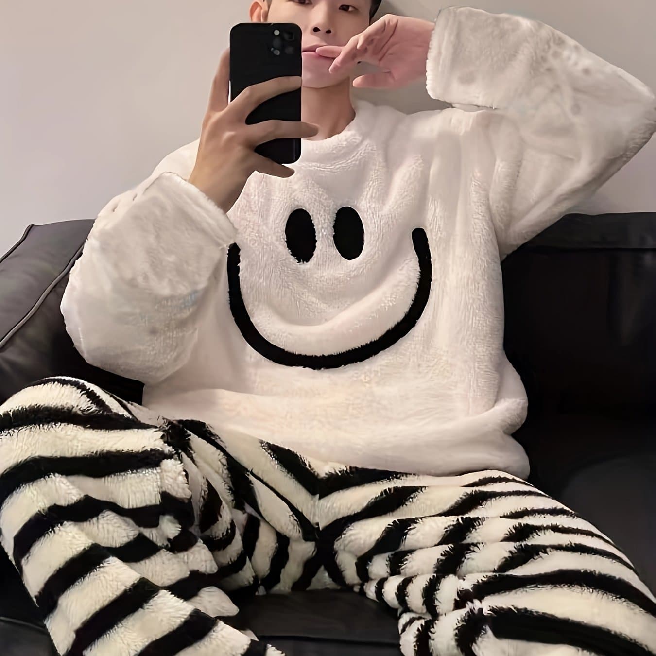 TEMU Men's Casual Pajama Set, Warm Flannel , Long Sleeve Round Neck Hooded Top And Loose Pants Home Sleepwear Set, Fall Winter Outdoor Set