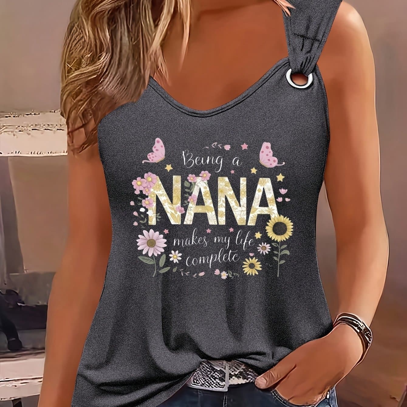TEMU Women's Sleeveless Casual Vest-"" Floral Letter Print& Ring Details Dark Gray Round Neck Summer Top, Machine Washable Lightweight And Durable Clothing, Decorative Print, Durable Fabric