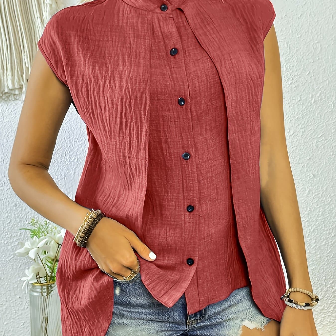 TEMU Plus Size - Plus Size - Style Plus Size Women's Fabric Ruched Solid Color Elegant Stand Collar Shirt