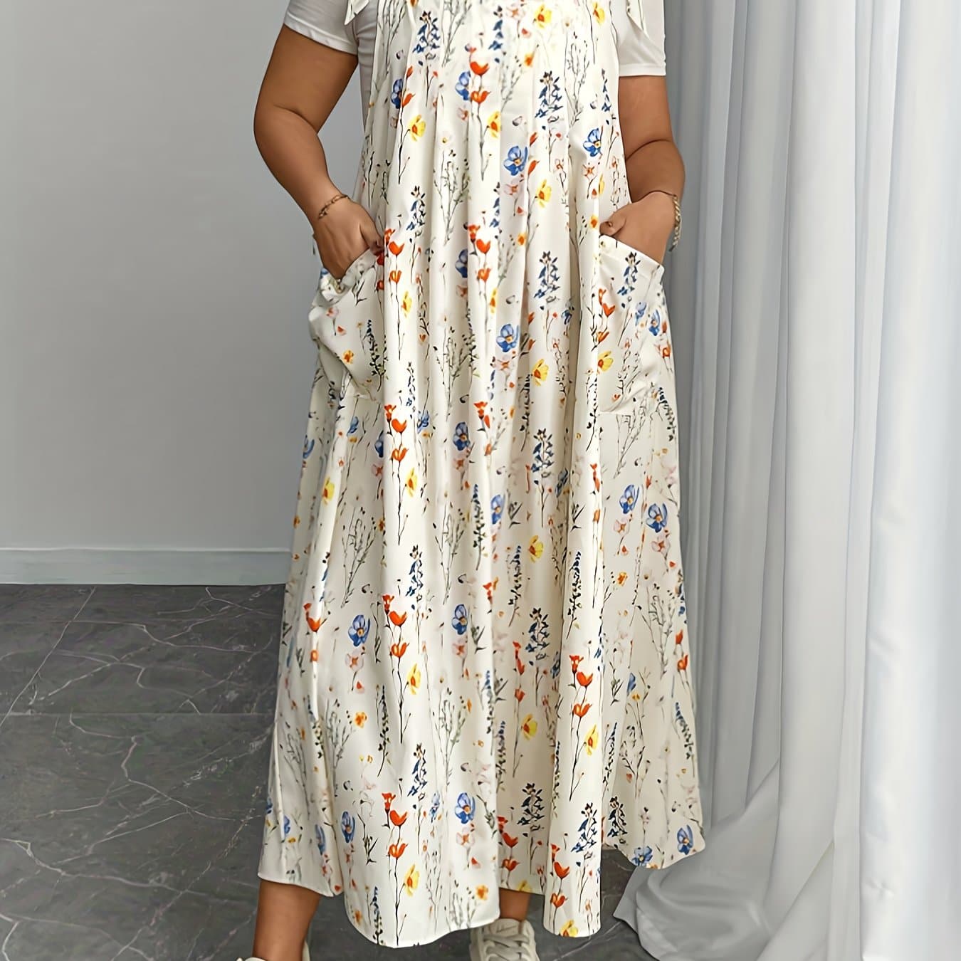 TEMU Plus Size - Plus Size - Plus Size Women's Floral Print Dress With Double Pockets And Strappy Detail, Mid-length Dress Suitable For Summer Casual Wear