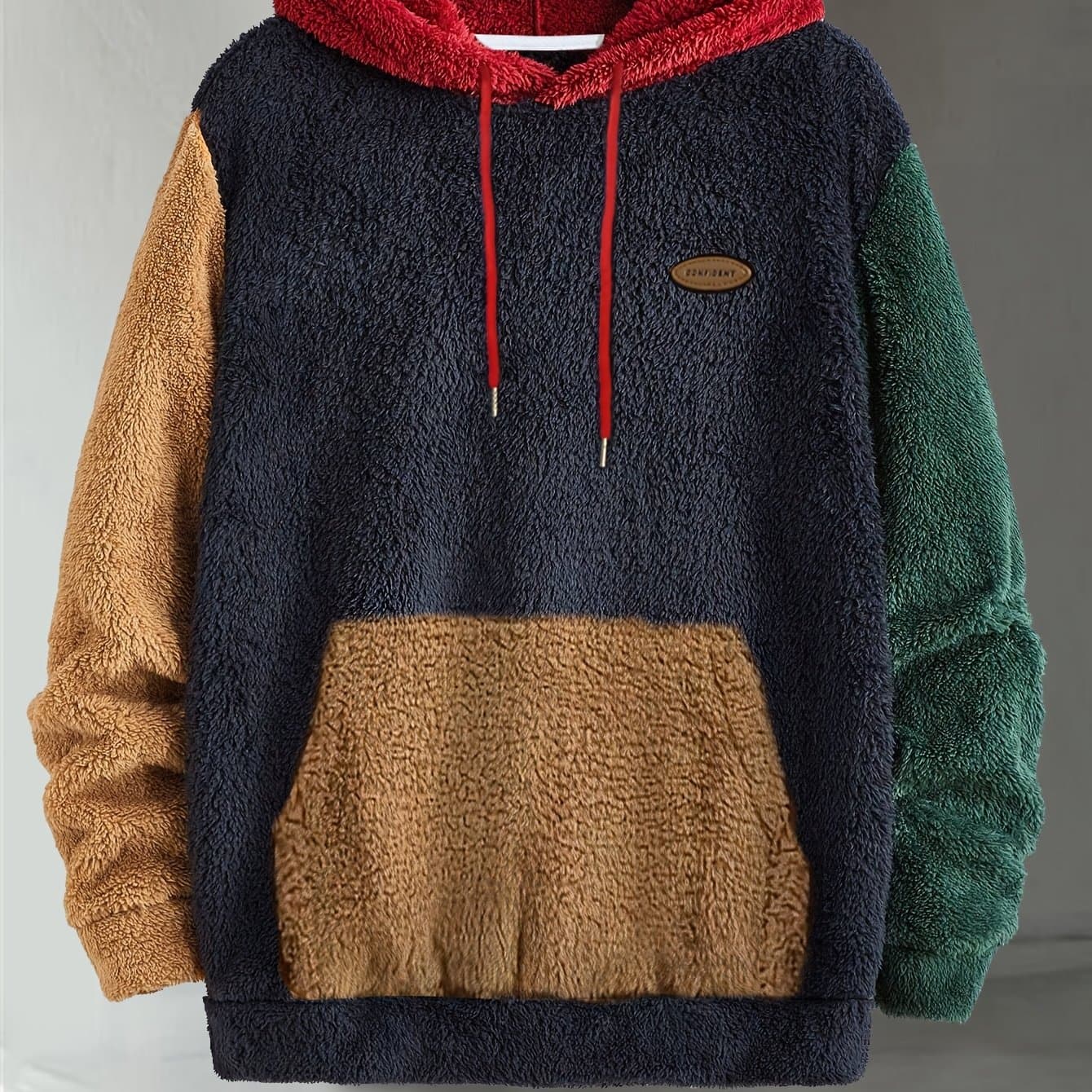 TEMU Men's Multi- Hooded Sweatshirt With Contrast Patch Embroidery, Warm Autumn/winter Hoodie With Drawstring