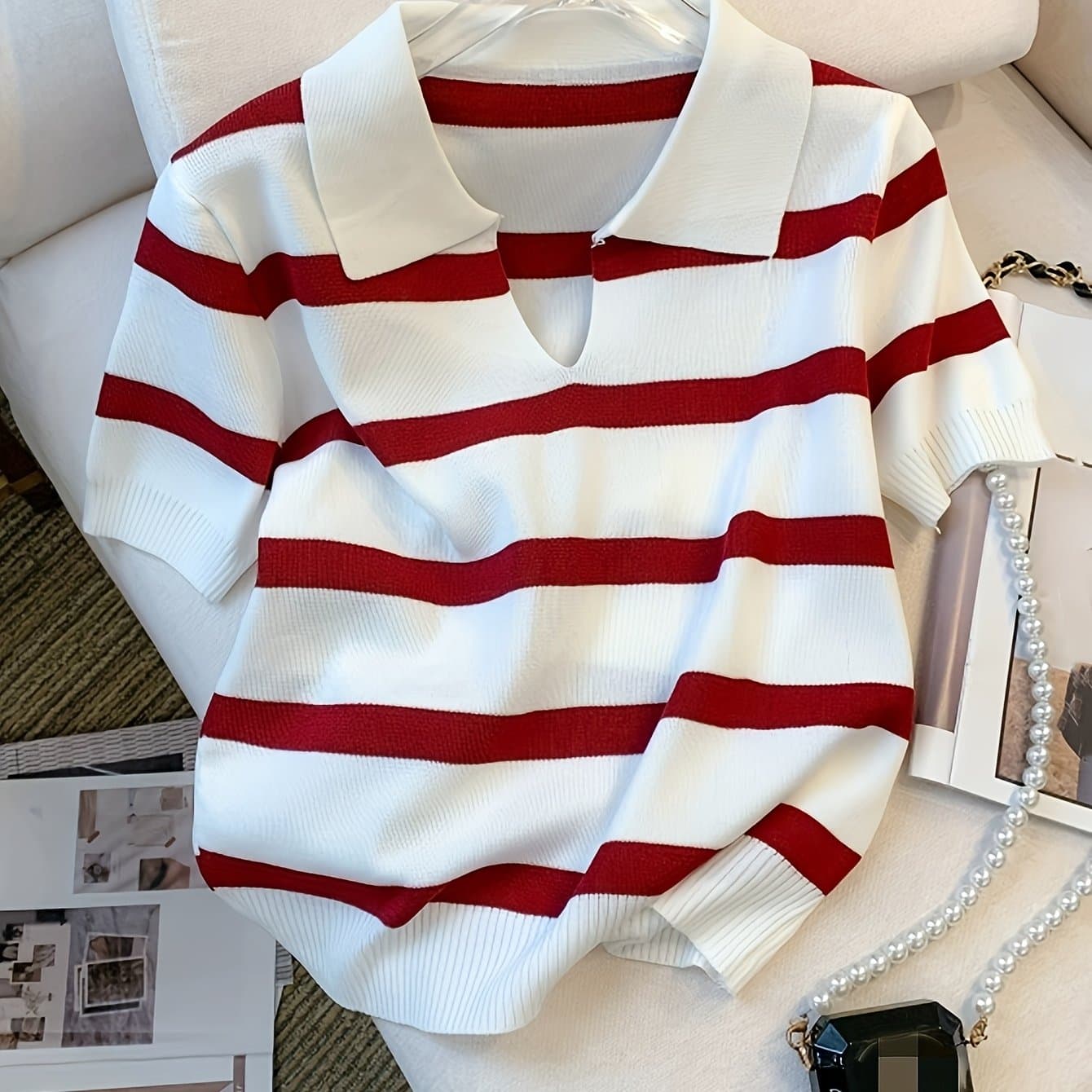 TEMU European And American Spring/summer Contrast Stripe Lapel Short-sleeve Top