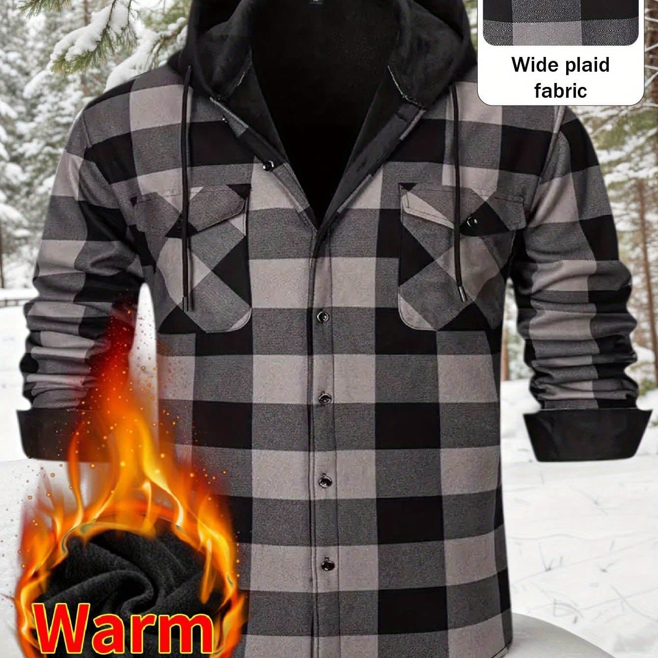 TEMU 2025 Men's Warm Hooded Work Shirt - Outdoor Fleece Lined Windproof Shirt Jacket | Comfortable Layering Piece For Fall And Winter | From To Urban Street Style | Thick Fleece Lining (s-3xl)