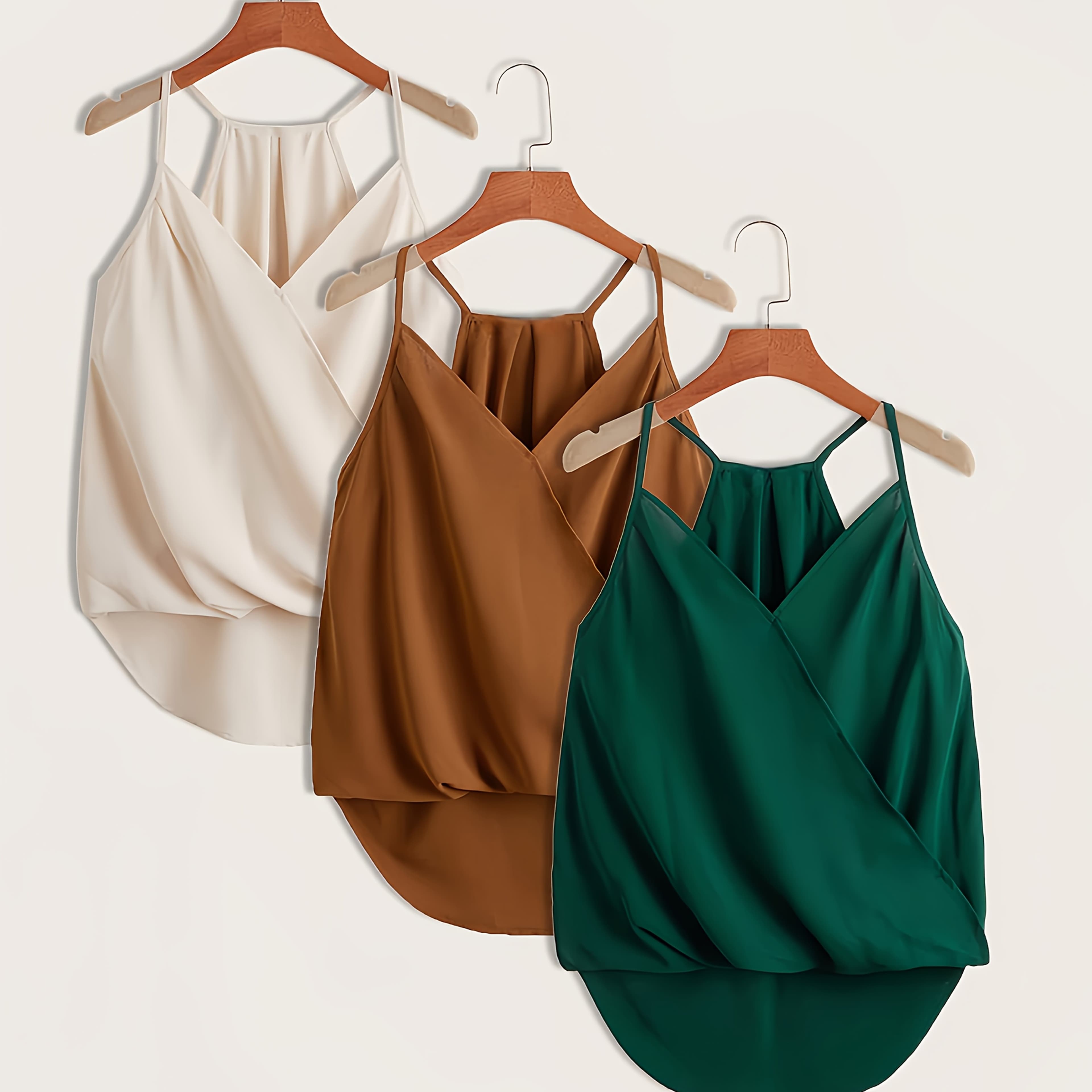 TEMU Women's Top, Apricot, Coffee, Green 3pcs Set, Wrap Front Open Sleeveless Top, Casual Low Neck High-low Strap Cami Top, Suitable For