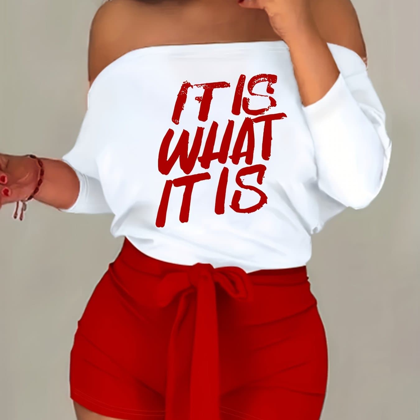 TEMU European And American Women's Clothing 2025 Spring And Summer New Style Casual Loose Off-shoulder Shorts Suit Two-piece Suit With Belt