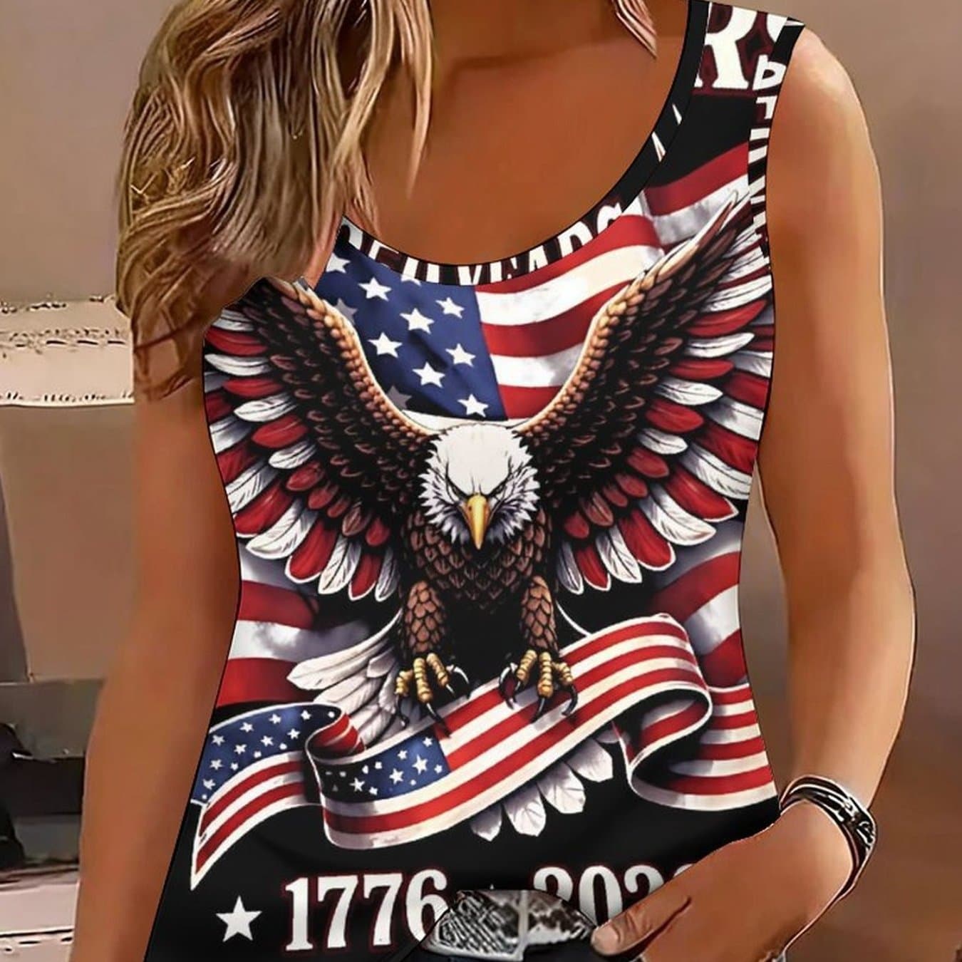 TEMU Women's Sleeveless Full-body Printed Vest T-shirt - Soft Round Neck Top With Sleeveless Suitable For, Travel, Beachwear & Casual Wear, Machine Washable Blouse Fashionable For -