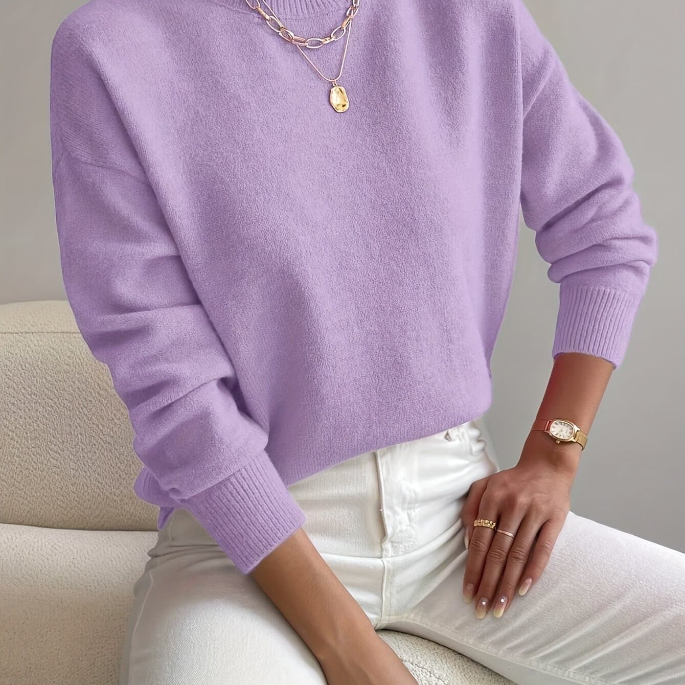 TEMU Women' Color Mid-high Neck Long Sleeve Pullover Sweater, Autumn/winter Warm Casual Minimalist Sweater