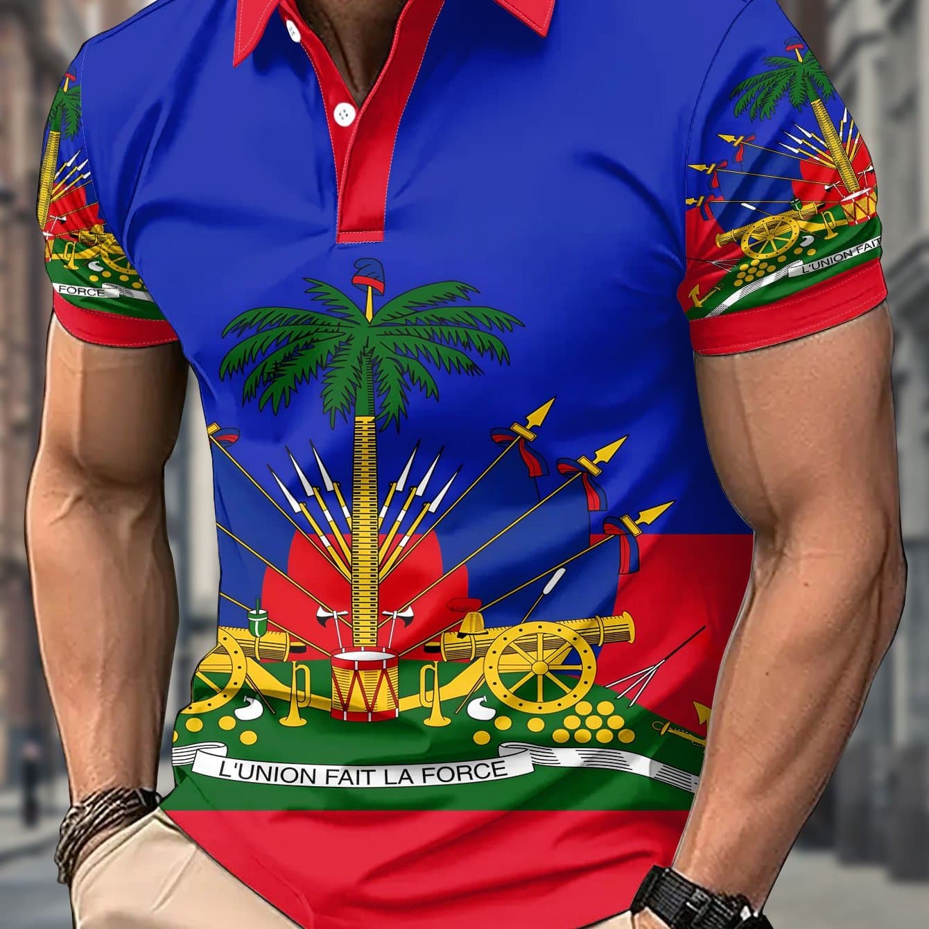 TEMU Men's Tropical - And Red Cuban , Tailored Button-up For Golf, Beach, And National Events - Washable Print Suitable For Casual To Formal Wear, Summer Golf Clothing, Fabric