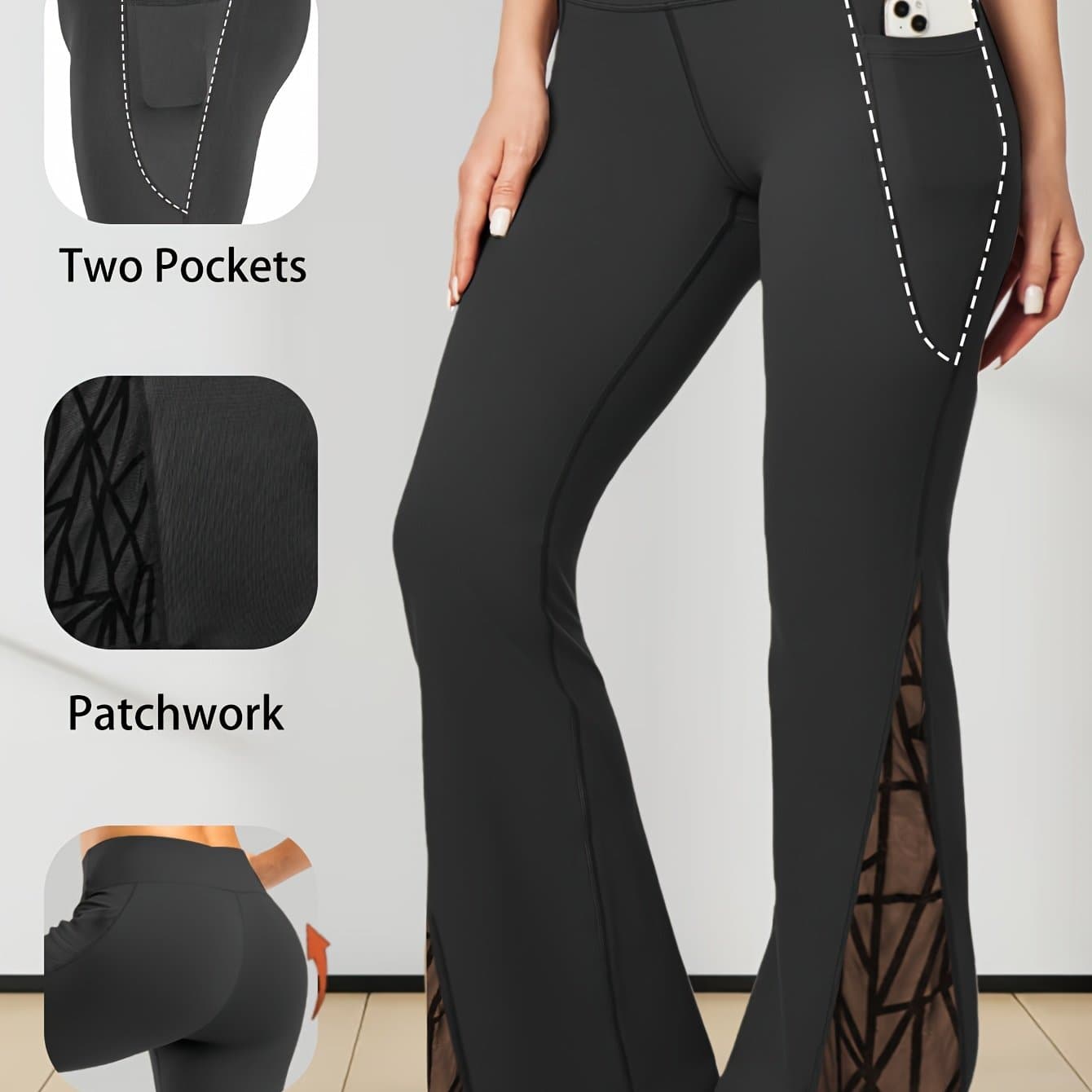 TEMU Women's Plus Size High-waisted Wide-leg Flared Yoga Pants With Sheer Mesh Side , Leggings For Outdoor Sports, Walking, And Streetwear