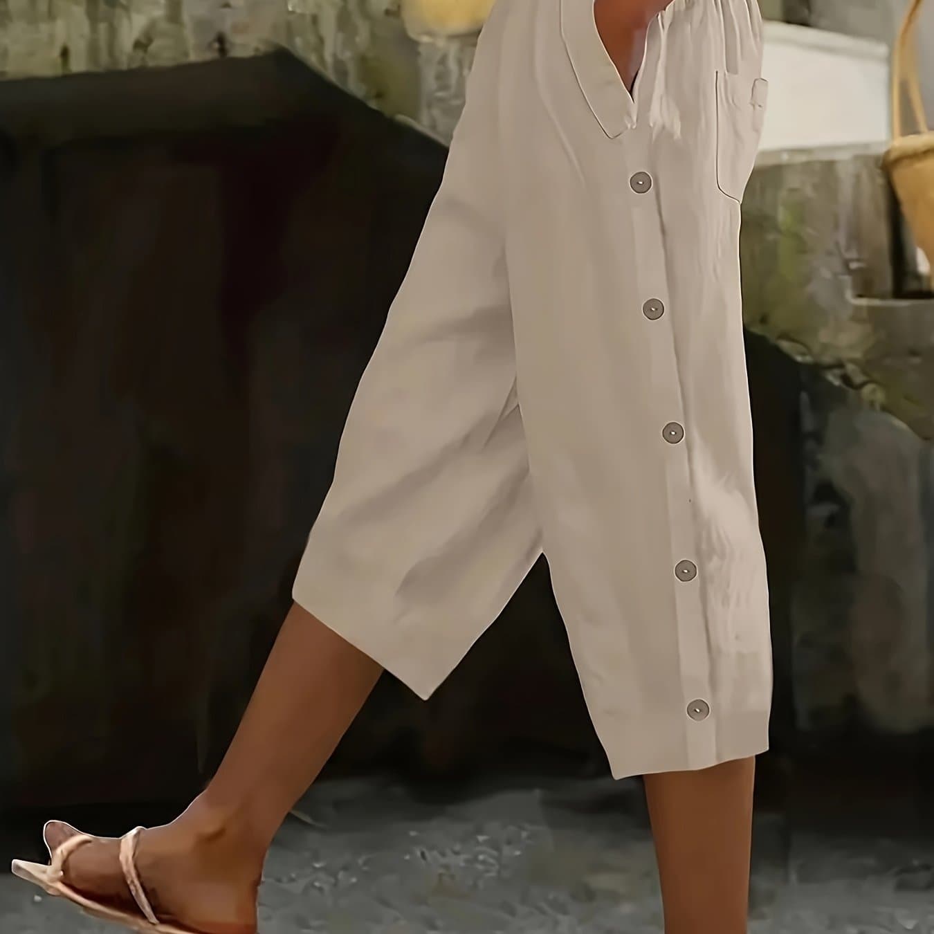 TEMU Spring Summer Versatile Button Decor Comfortable Elastic Waist Pocket Casual Capri Pants