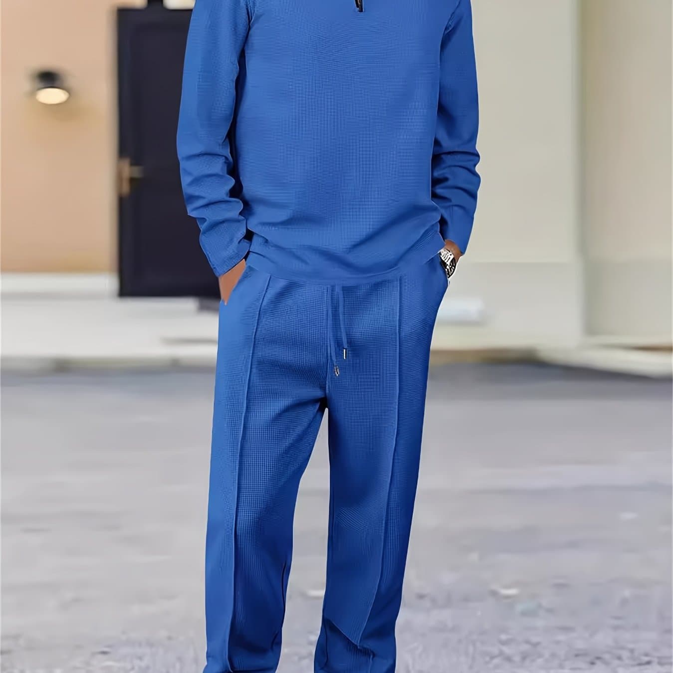 TEMU 's Spring And Autumn Waffle Long Sleeve Pants Sports And Leisure Set, Comfortable And Breathable Fabric, Suitable For And Leisure Activities