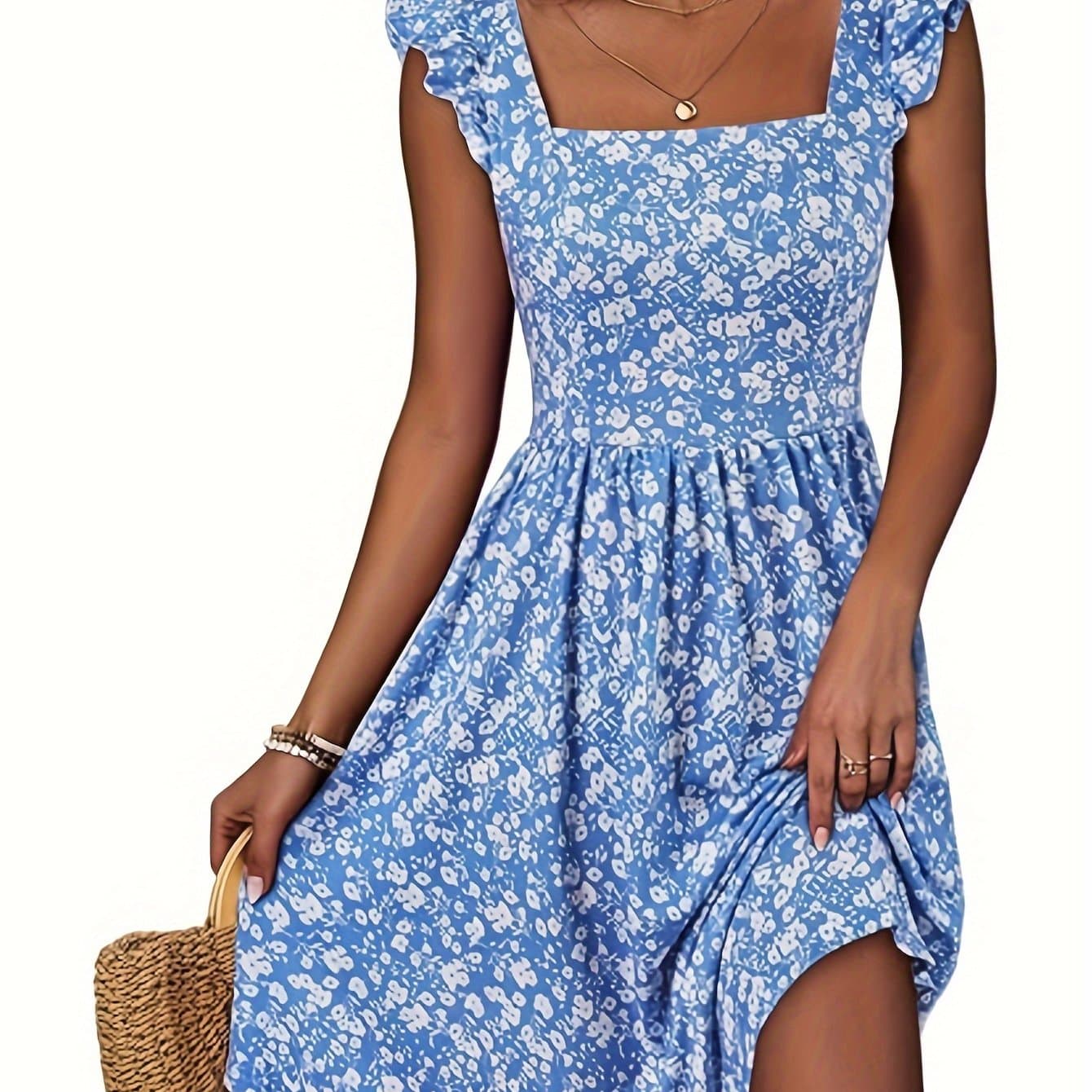 TEMU Floral Neck Patched Pockets Dress, Elegant Ruffle Sleeves Cinched Waist Dress For Spring And Summer, Women's Clothing