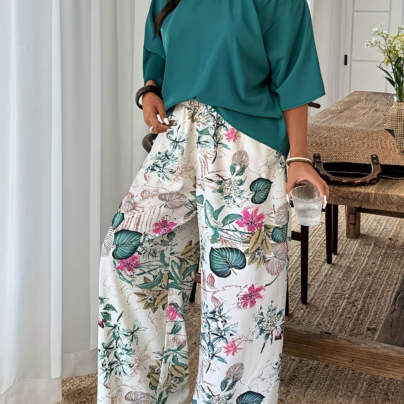 TEMU Plus Size - Plus Size - New Summer Plus-size Women's Loose Top With Printed Wide-leg Pants, A Casual Two-piece Set For Vacation