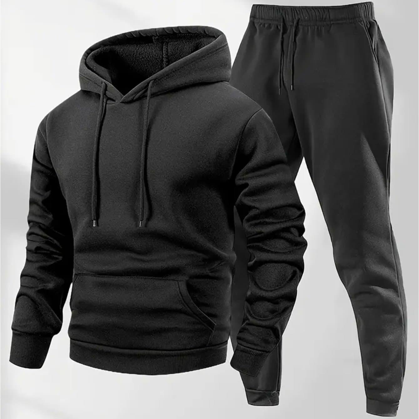 TEMU Men's Fleece-lined Solid Color Casual Sportswear Set, Autumn/ Winter Minimalist Couple Hoodie And Sweatpants Tracksuit