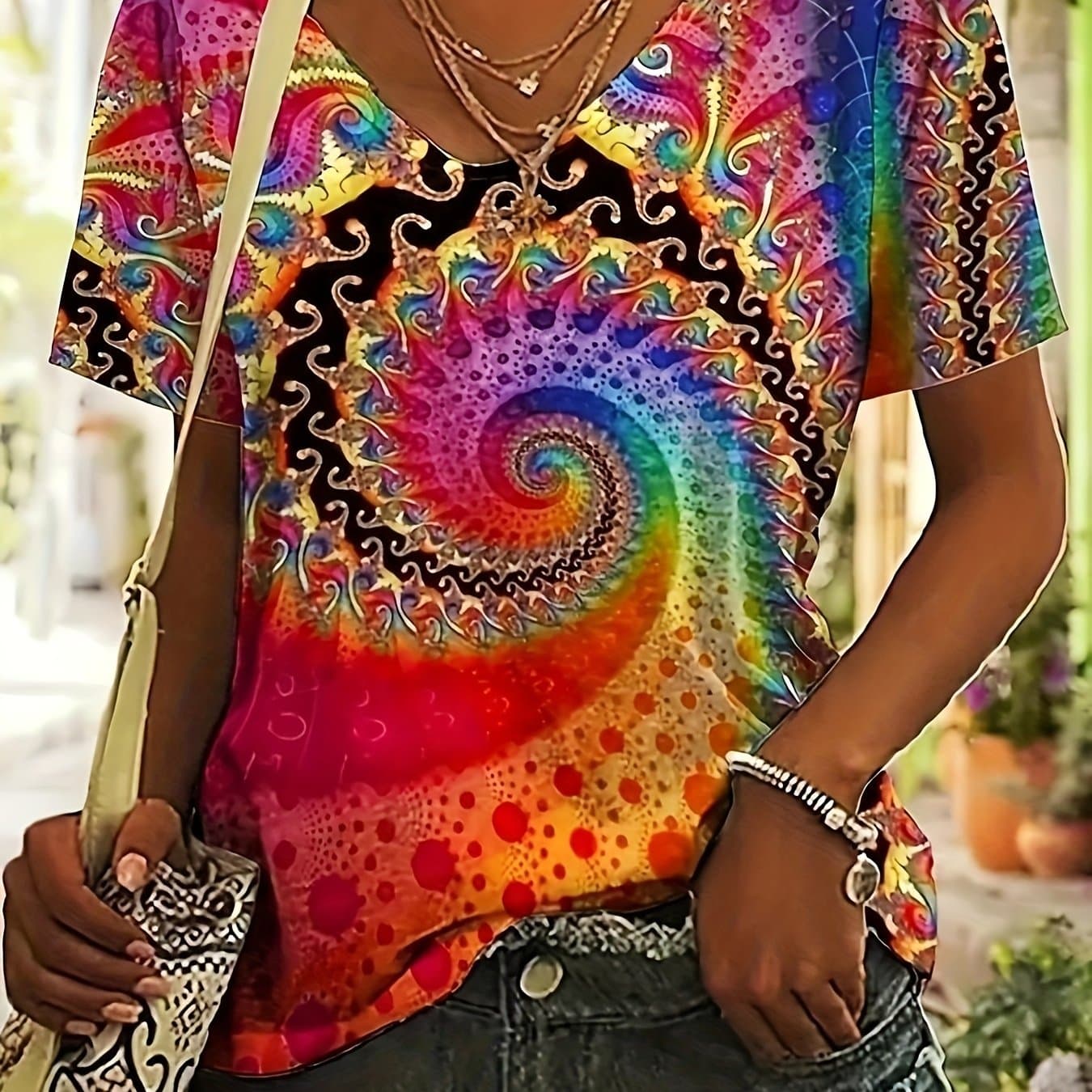 TEMU Colorful Pattern Summer Short Sleeve T-shirt Women's