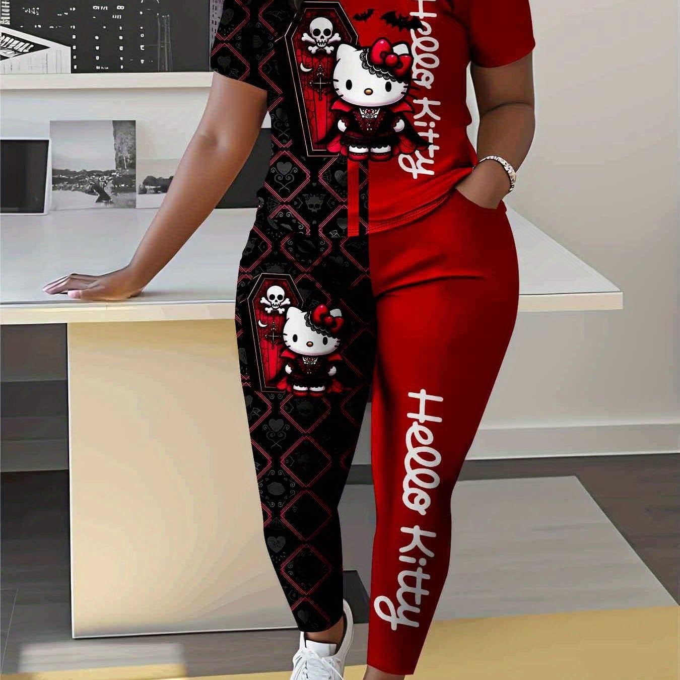 TEMU Women's Plus Size Halloween Hello Kitty Print Short Sleeve Top And Pants Set, Gothic Design With Skull And Coffin Pattern, Perfect For Christmas Gifts For , Holiday Matching Outfits
