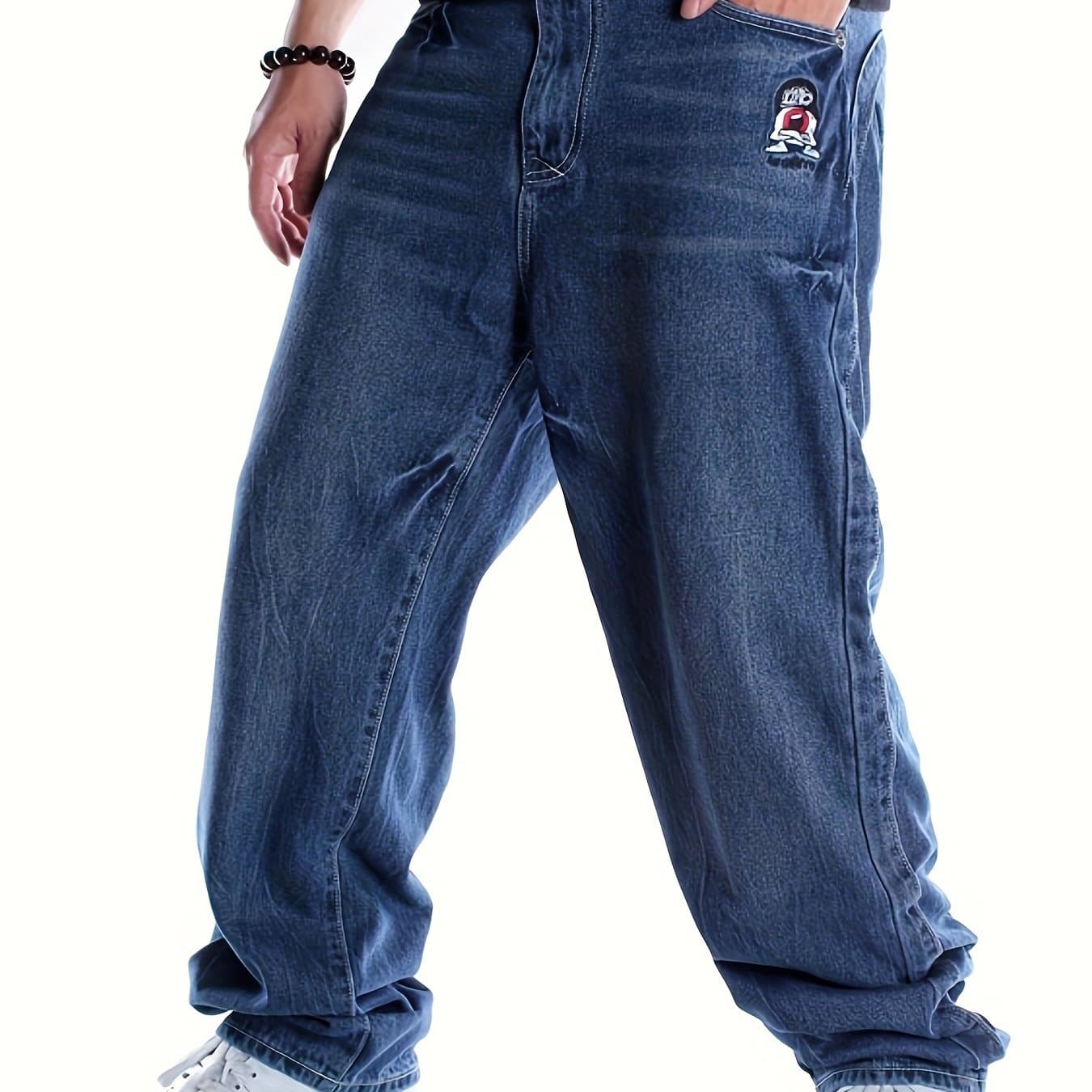 TEMU Men's Hip Hop Jeans - Loose Fit, Embroidered Detail, Straight Leg Denim Pants For Street Dance & Skateboarding, Machine Washable, Wear, Skateboarding Jeans|sporty Look|washed Denim
