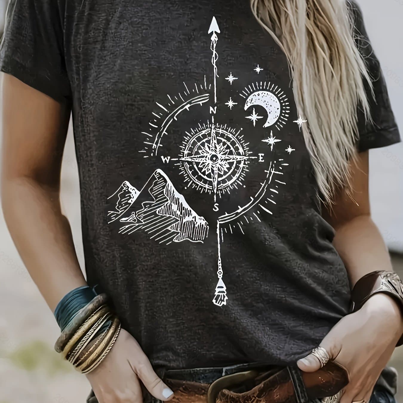 TEMU Compass Print Crew Neck T-shirt, Casual Short Sleeve Top For , Women's Clothing