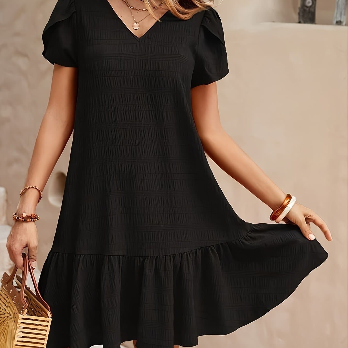 TEMU Casual Loose Solid Color Dress With Sleeves