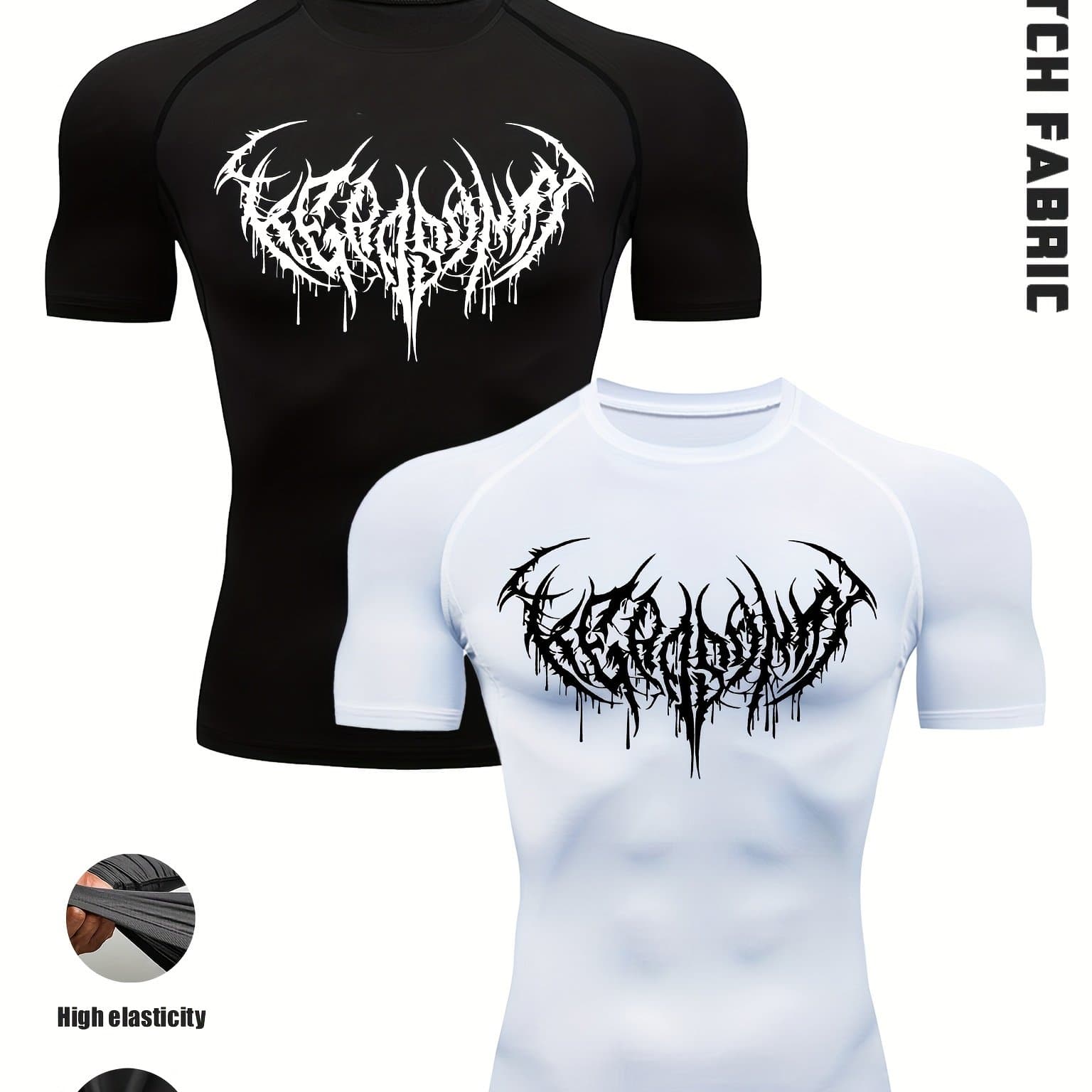 TEMU 2pcs Gothic Gym T-shirt - -dark Wing Print And 3d Muscle Support, Anti-slip For High- Training (skeletal Black)