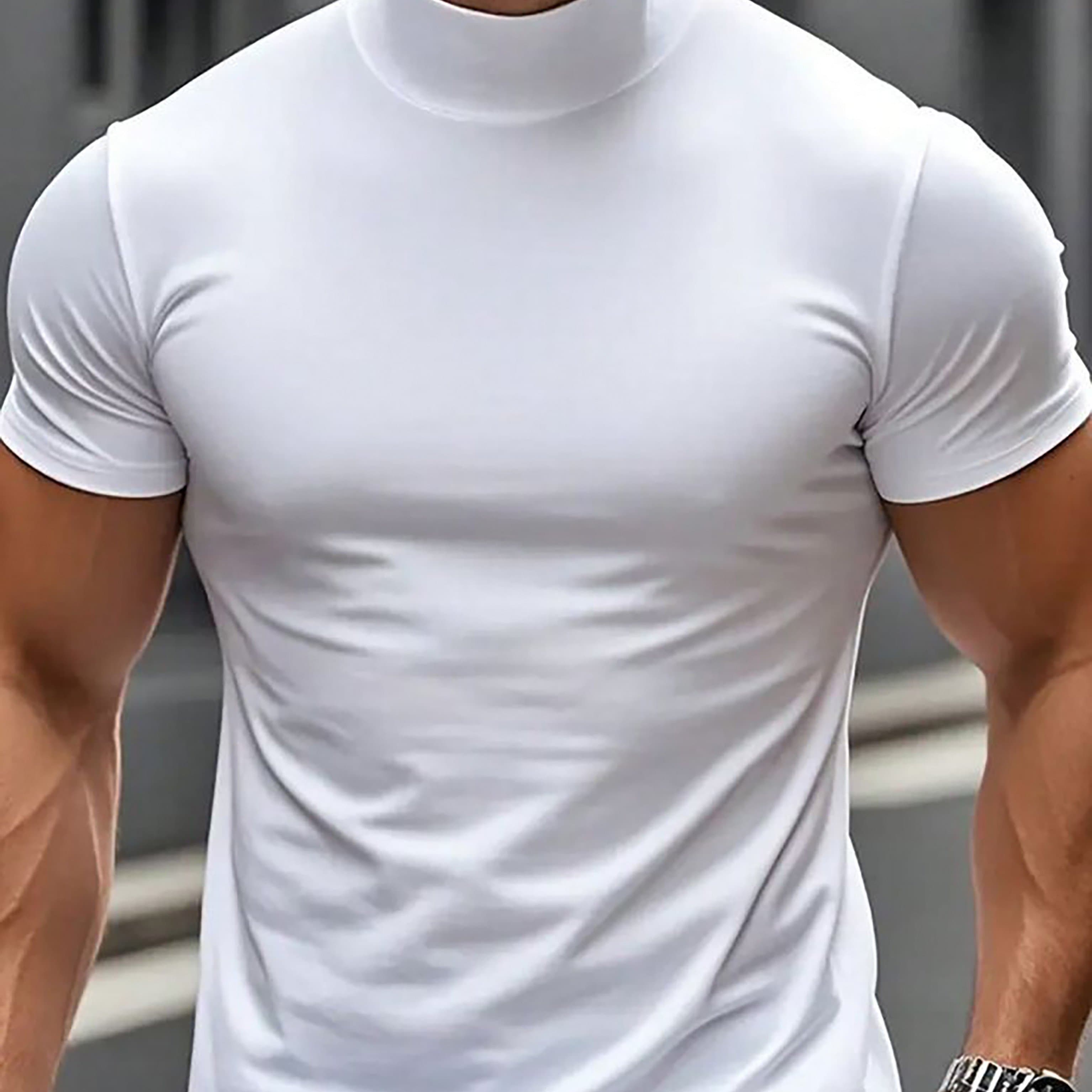 TEMU Fashionable And Trendy Instagram-style Minimalist Creative Solid Color Men's Short-sleeve Turtleneck For Sports, Fitness, Running, Training, And Casual Wear
