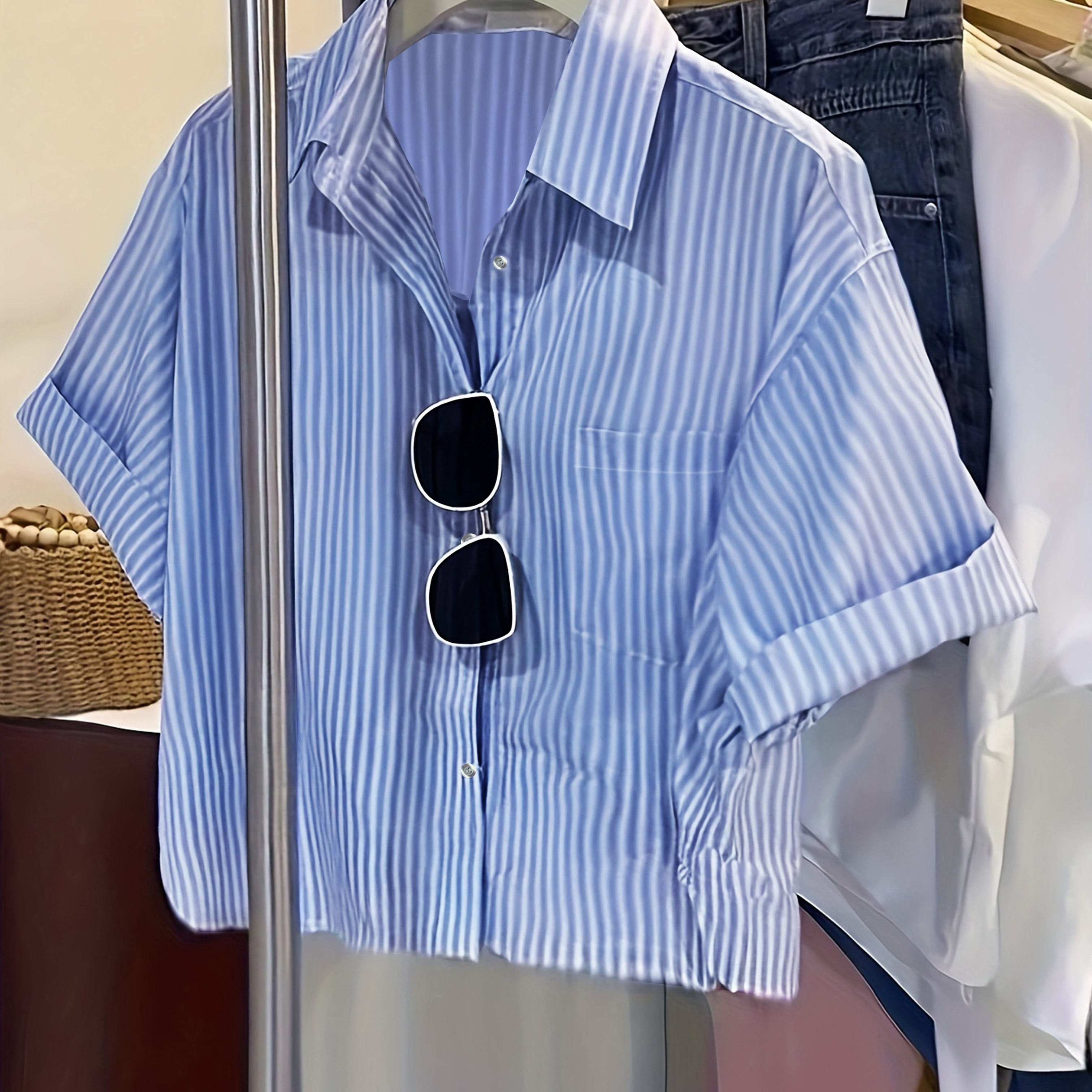TEMU Fashionable Women's Striped Short-sleeve Shirt With A Collar, Perfect For Casual Outdoor Wear