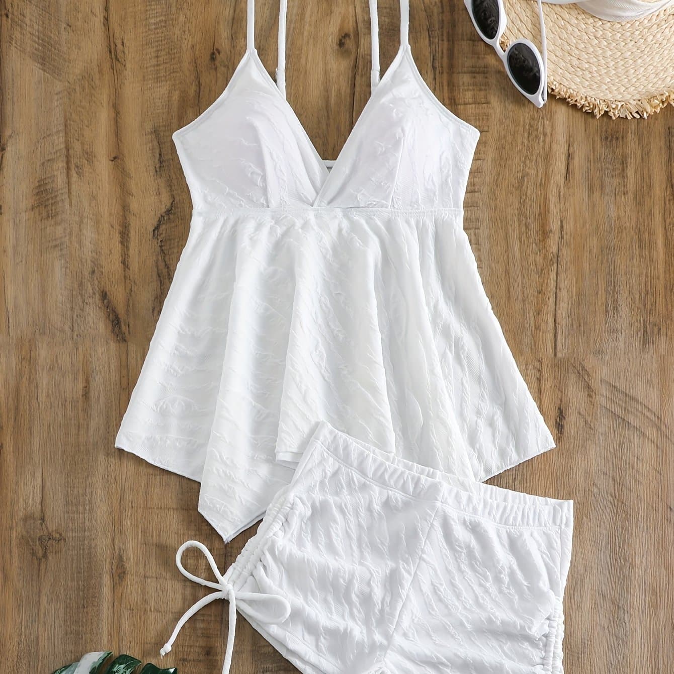 TEMU White Striped Tankini Swimsuit Set