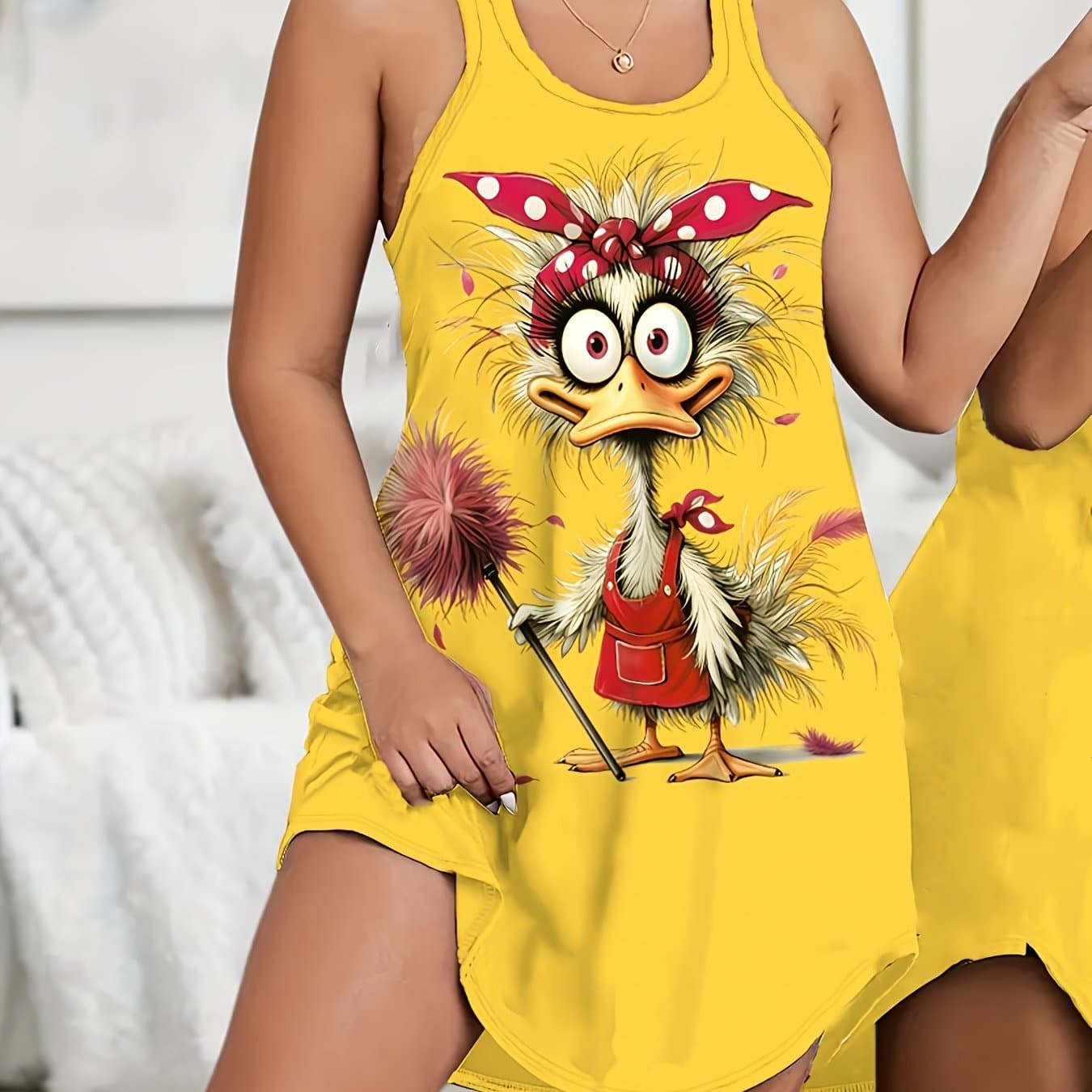 TEMU Women's Casual Sleepwear, Cartoon Cleaning Duck Print Round Neck Curved Hem Tank Nightgown, Spring Home Clothes