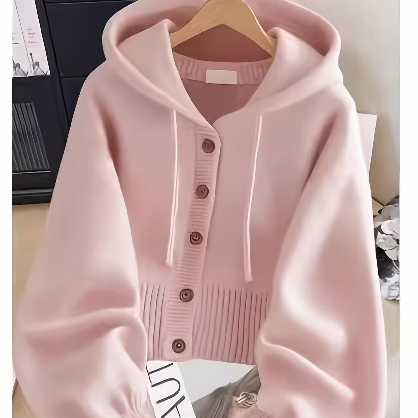 TEMU Women's Loose Hooded Cardigan - Comfortable Button Front Design, Autumn And Winter Casual Fashion Layered Top, Medium Elastic Sweater