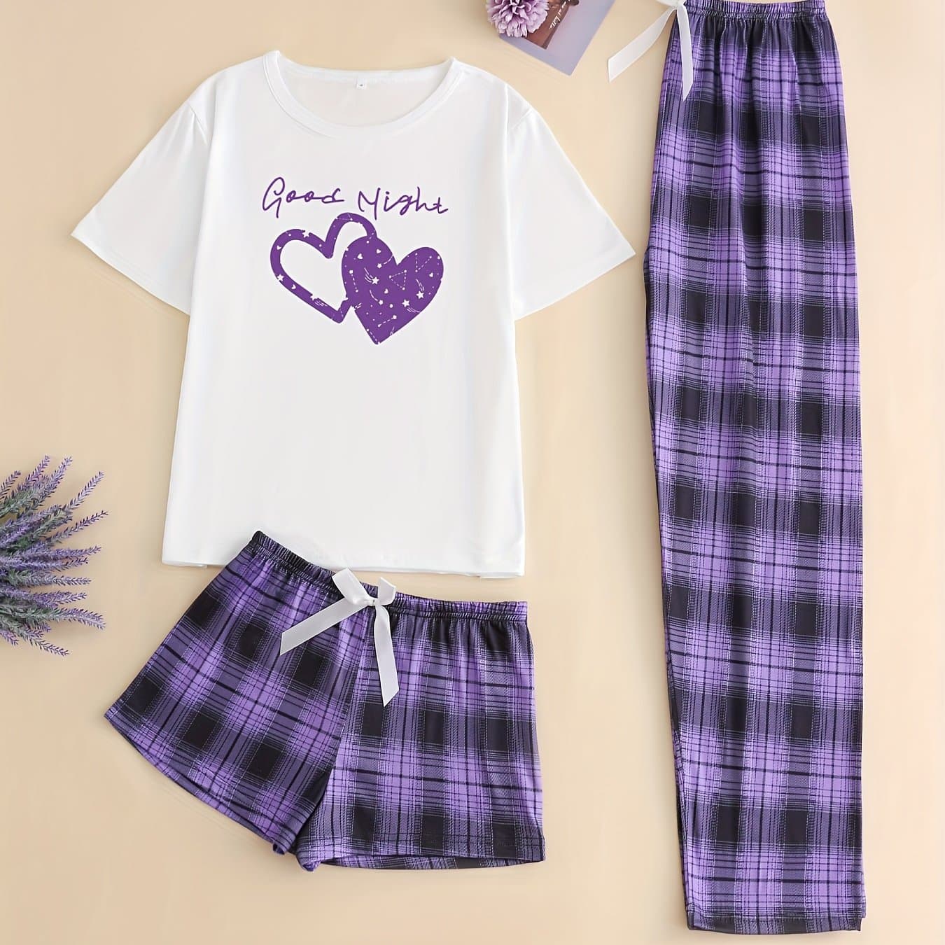 TEMU Valentine's Day 3pcs Women's Pajama Set Top, Shorts And Long Pants, Elastic Drawstring Waistband, Loose Casual With Bow Double-colored Checkered Pants And Heart Print Top, Suitable For Matching