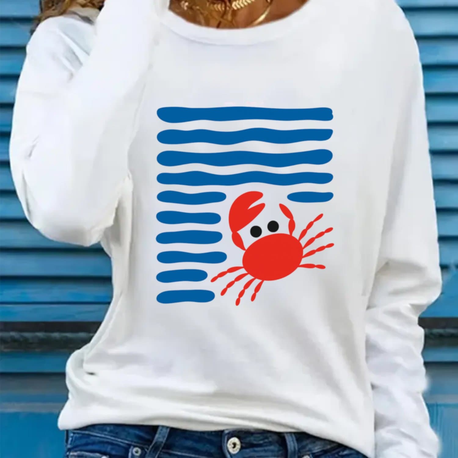 TEMU Women' Long-sleeve T-shirt With & - 100% Casual Elegant Beachwear Top, Asymmetrical Hem Round Neck, Machine-washable Regular Fit Shirt For Spring Summer Fall, Everyday & Coastal Outfits