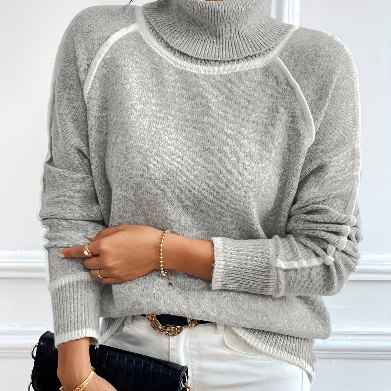 TEMU Trim Sweater, Casual Long Raglan Sleeve Sweater For Fall & Winter, Women's Clothing