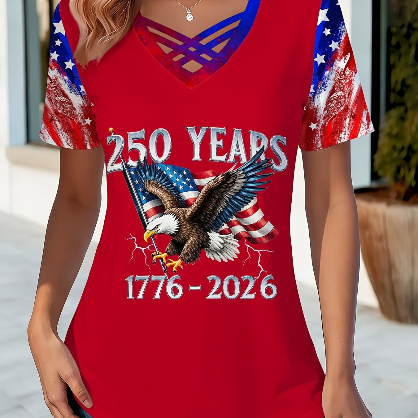 TEMU 250 Years Anniversary Women's Trendy Full Print 250 Years Eagle V-neck T-shirt, 1776-2026 Usa Flag Tee, For & Patriotic T-shirt, Perfect For Daily Leisure Gifting & National Events Top