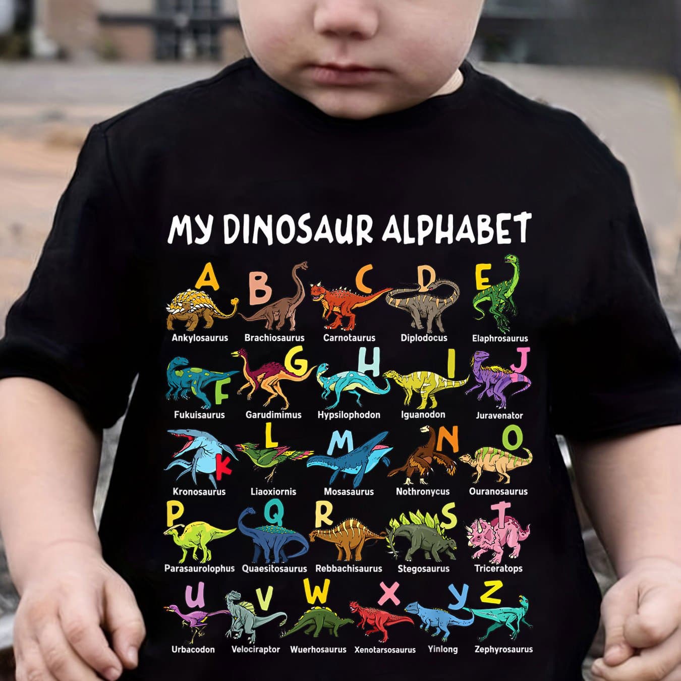 TEMU Summer New Stylish Boys' T-shirt Featuring A Cartoon Dinosaur Print With The Words 'my Dinosaur Alphabet'.