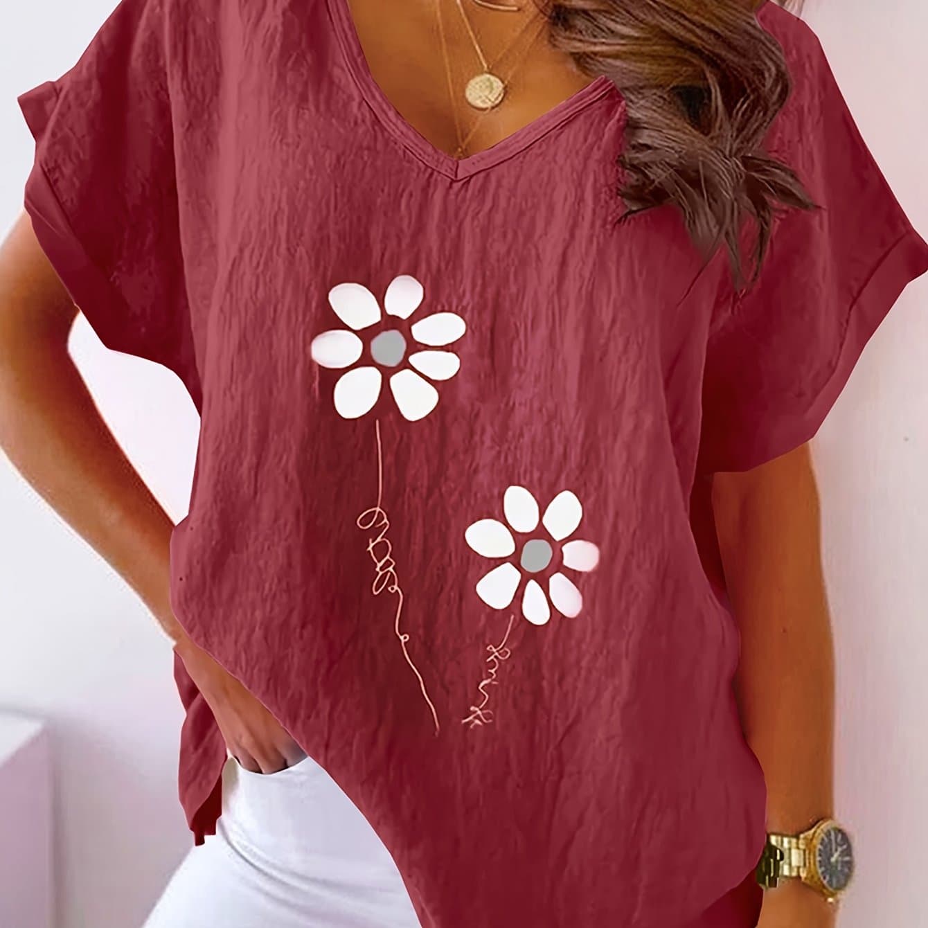TEMU Plus Size, Plus Size Women's Floral Print V-neck Casual Batwing Short Sleeve