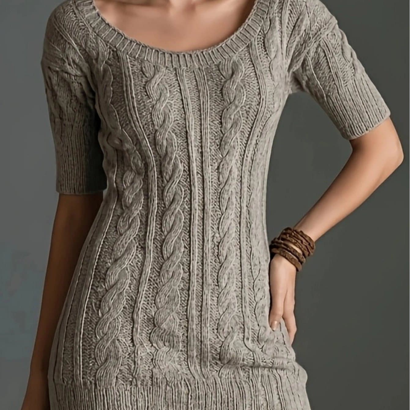 TEMU Elegant Slim-fit Hip-hugging Dress For Women, Spring/autumn Cable Cropped Sexy Sweater Dress For Home, Office, And Travel