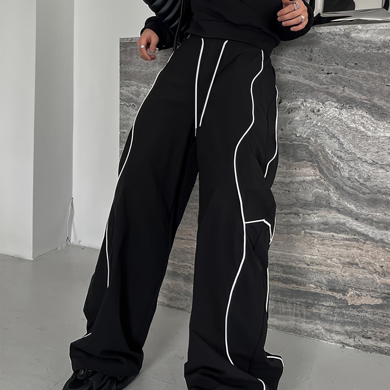 TEMU Men's American-style Casual Pants With Striped Color-, For Spring And Summer, Straight-leg Sports Pants, Loose-fitting Casual Trousers