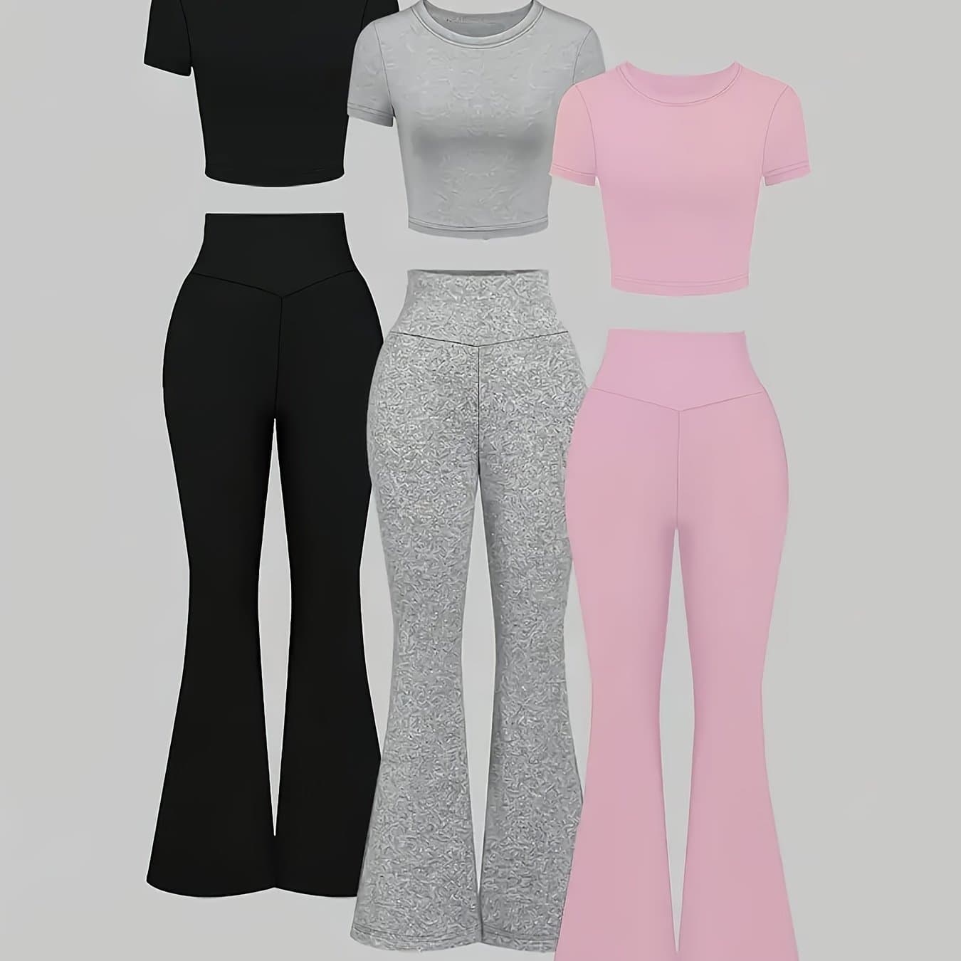 TEMU Ladies' 6pcs Solid Color Round Neck Short Short-sleeved Top And Slim Fit Flared Trousers Long Pants Set, Different , Daily Versatile Set