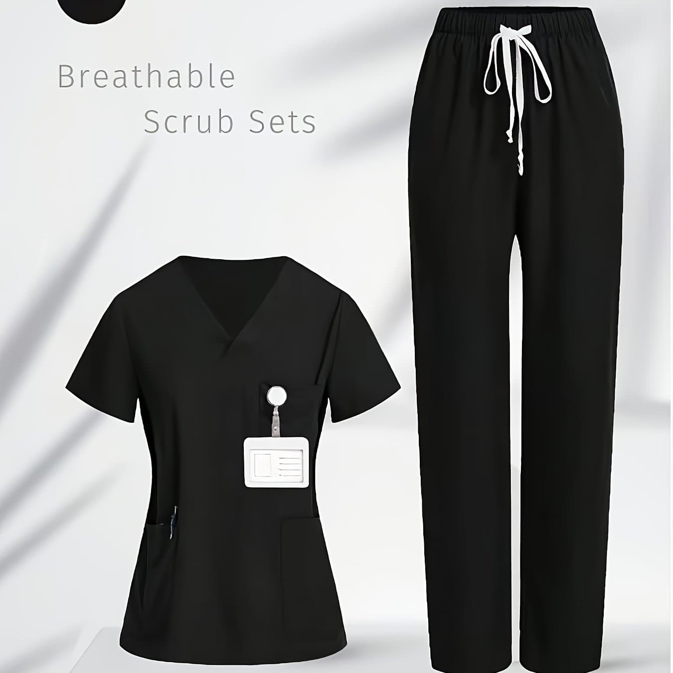 TEMU Uniform Set: V-neck Short Sleeve Tailored Blouse And Drawstring Straight Leg Casual Pants, Scrub Sets