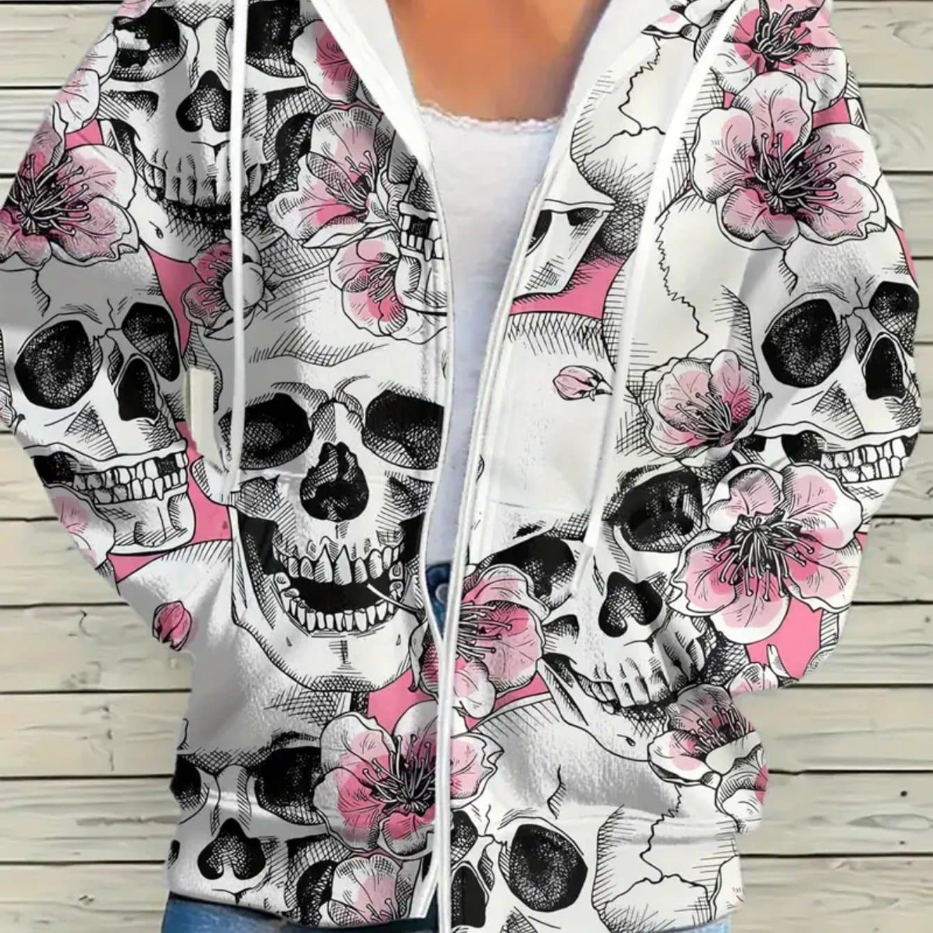 TEMU Women's 3d Skull And Pink Floral Print Zip-up Hoodie Jacket - Casual Loose Fit Sweatshirt With Pockets, Long Sleeves, And Front Zipper Detail V-neck Design, The For Autumn And Winter.