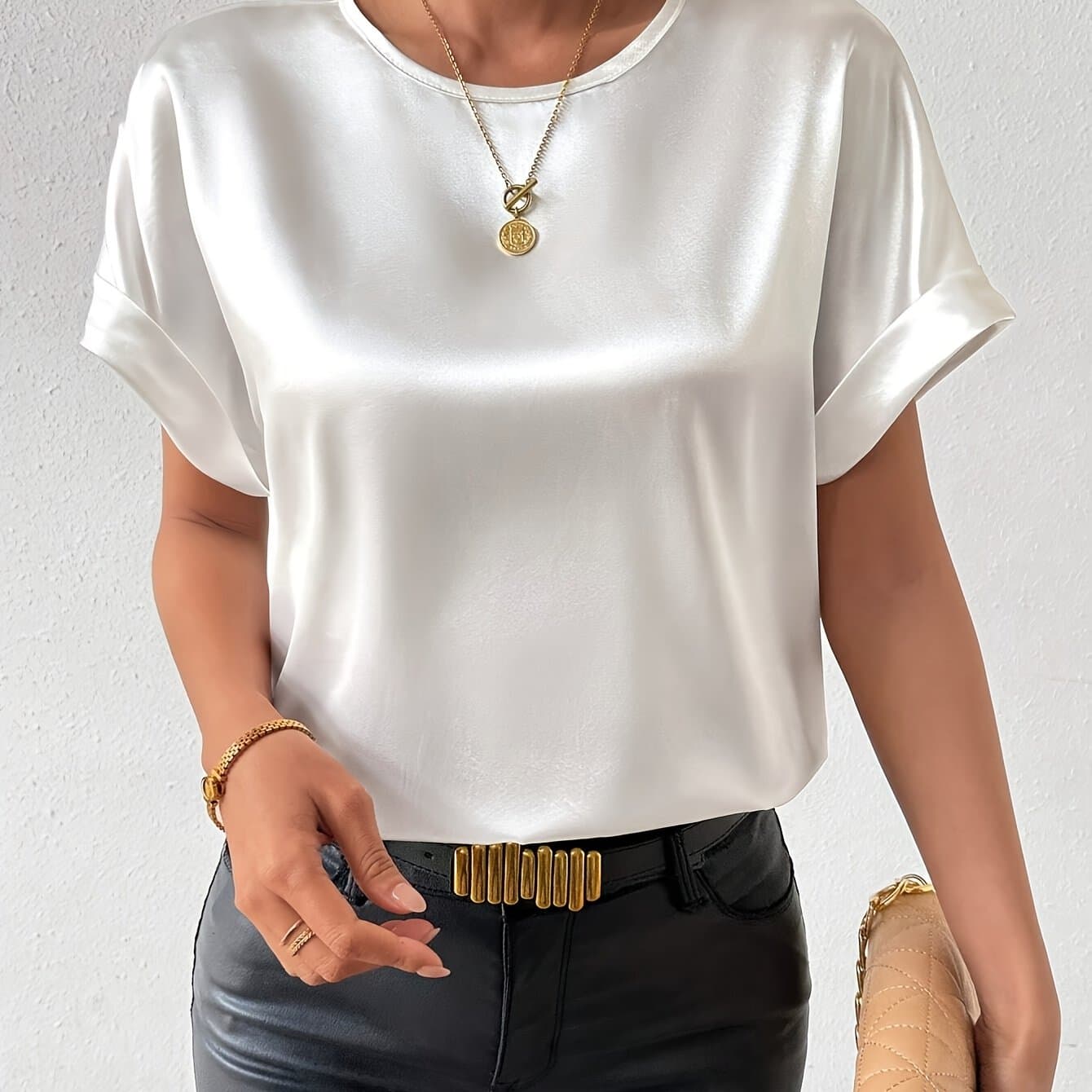 TEMU Spring And Summer Women's Casual Short-sleeve Loose Solid Color Round Neck Shirt