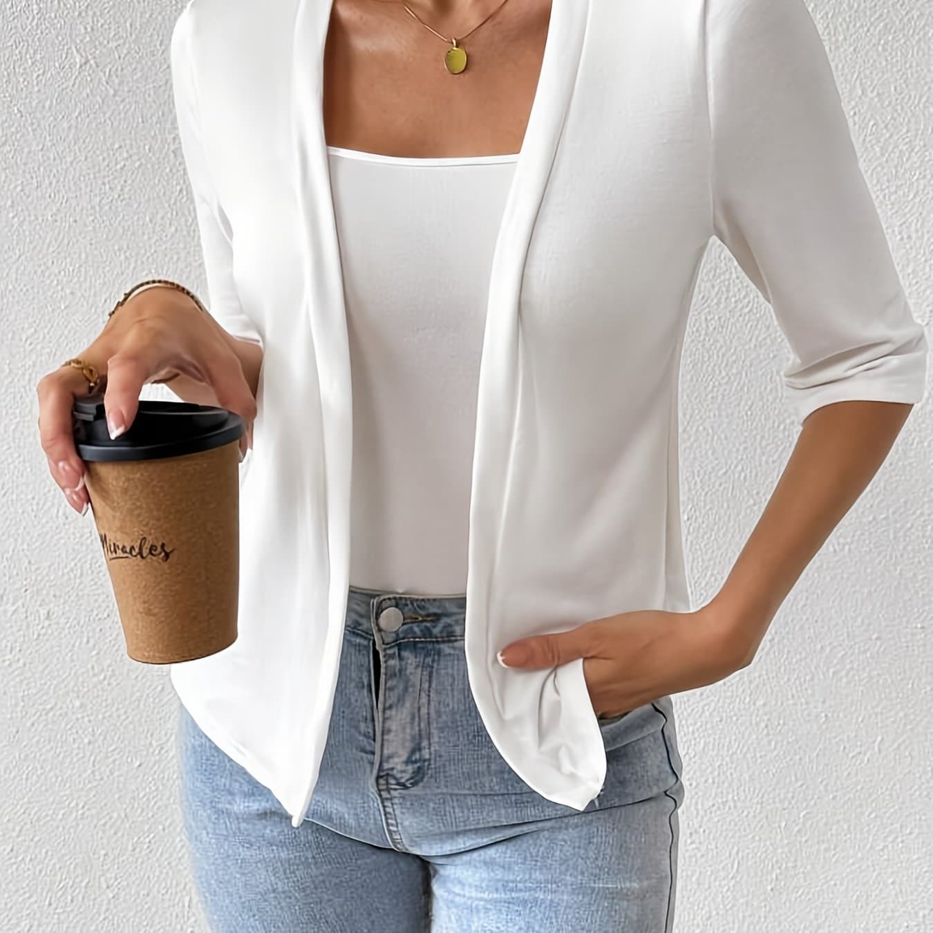 TEMU Women's New Casual Solid Regular Fit 3/4 Sleeve Jacket Cardigan, Fashionable Elegant Vacation Outdoor Daily Wear Jacket Cardigan Top, Suitable For All