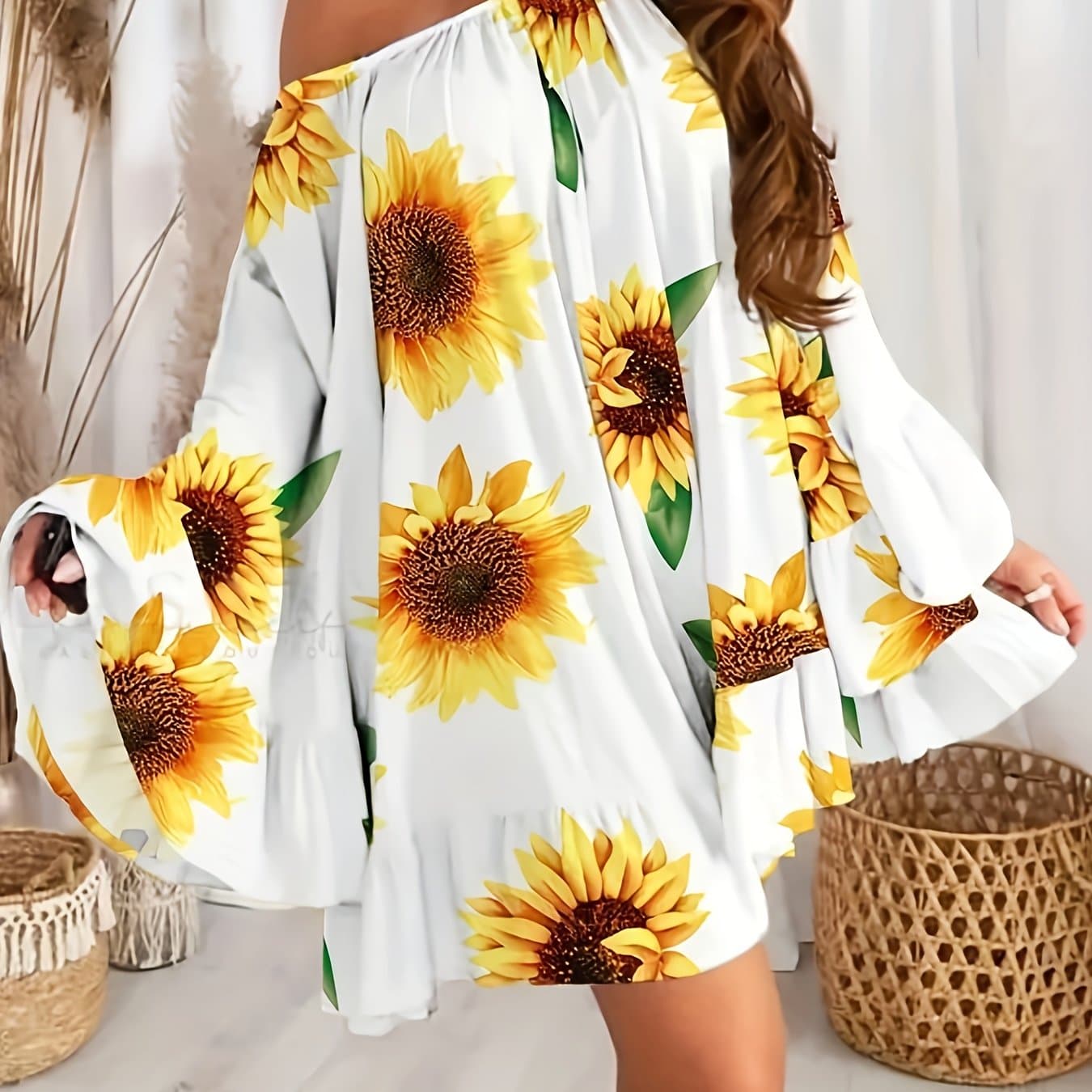 TEMU Plus Size, Women's Plus-size Sunflower Print Bell Sleeve Pleated Skirt