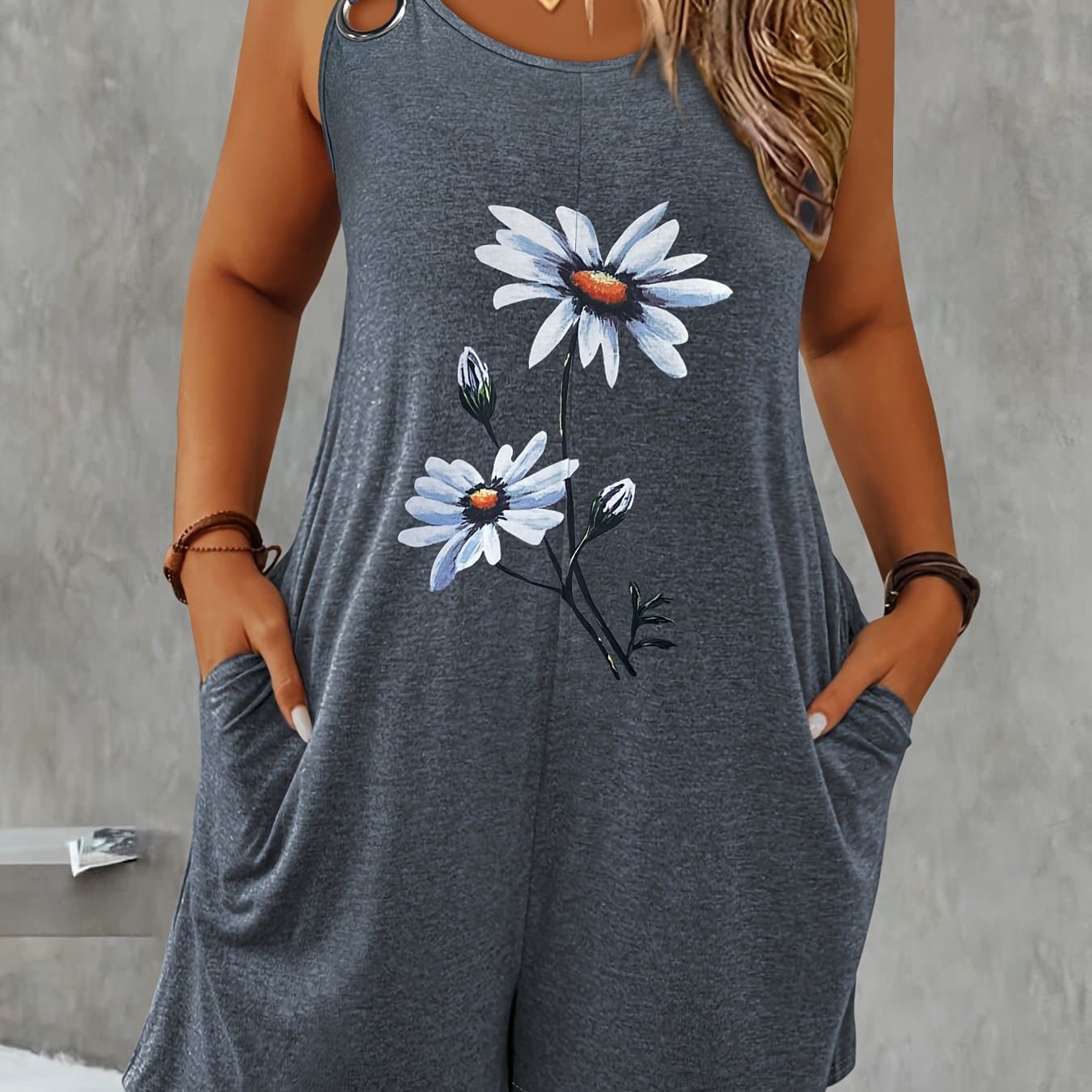 TEMU Women's Fashion Floral Print Jumpsuit Round Neck Round Ring Decor Pockets Casual Shorts Sleeveless Vest Jumpsuit Women's Clothing