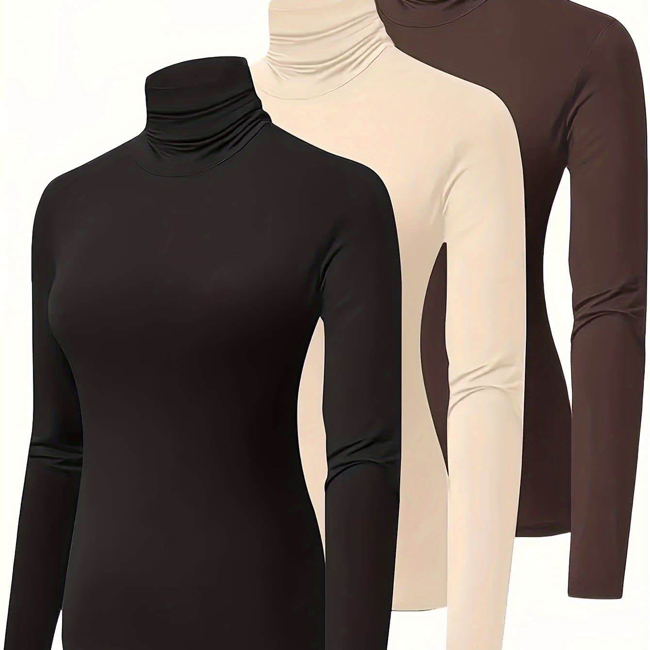 TEMU Autumn/winter Women's High-neck Long-sleeve T-shirt 3pcs Set, Casual And Versatile Base Layer Top